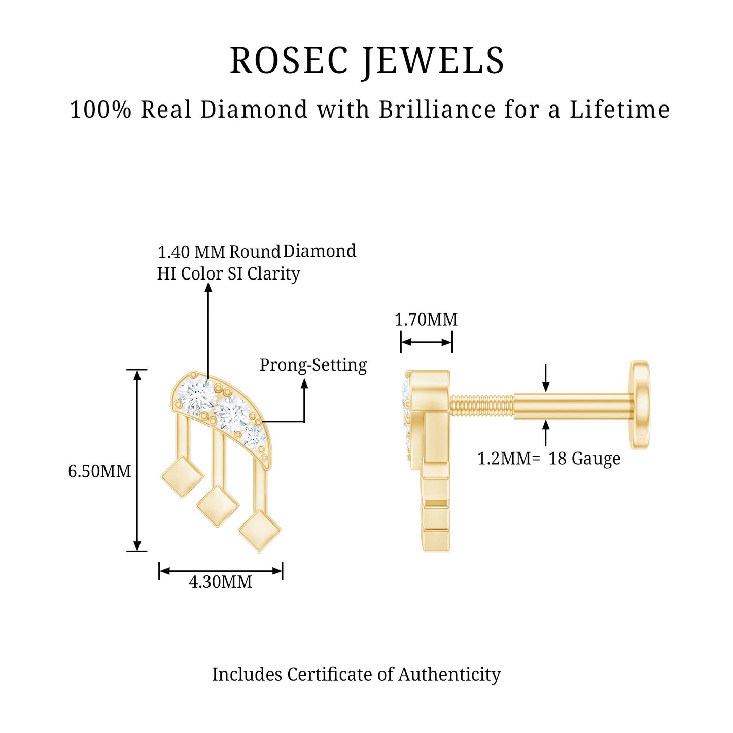 Real Diamond Music Note Earring for Cartilage Piercing