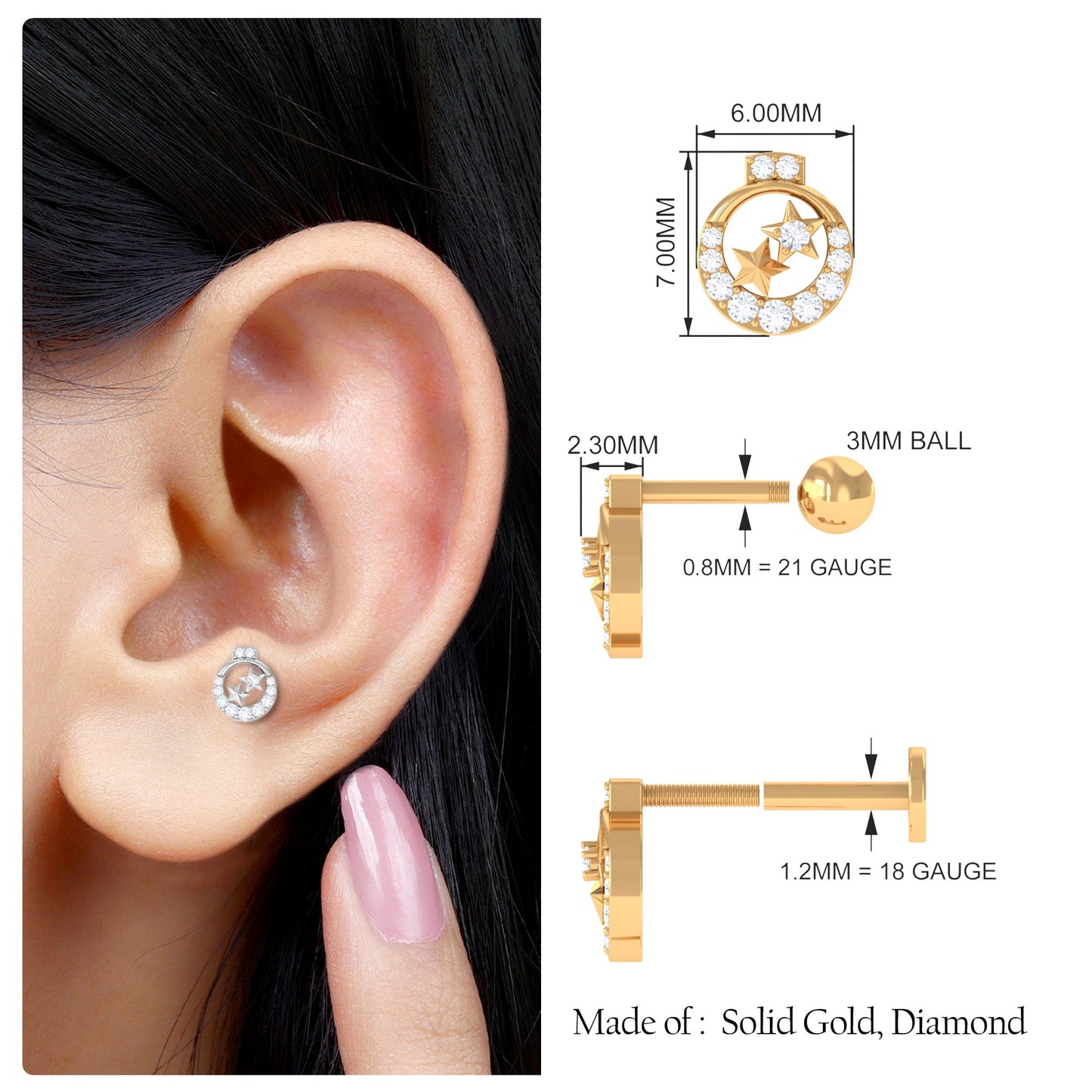 Natural Diamond Star Cartilage Earring