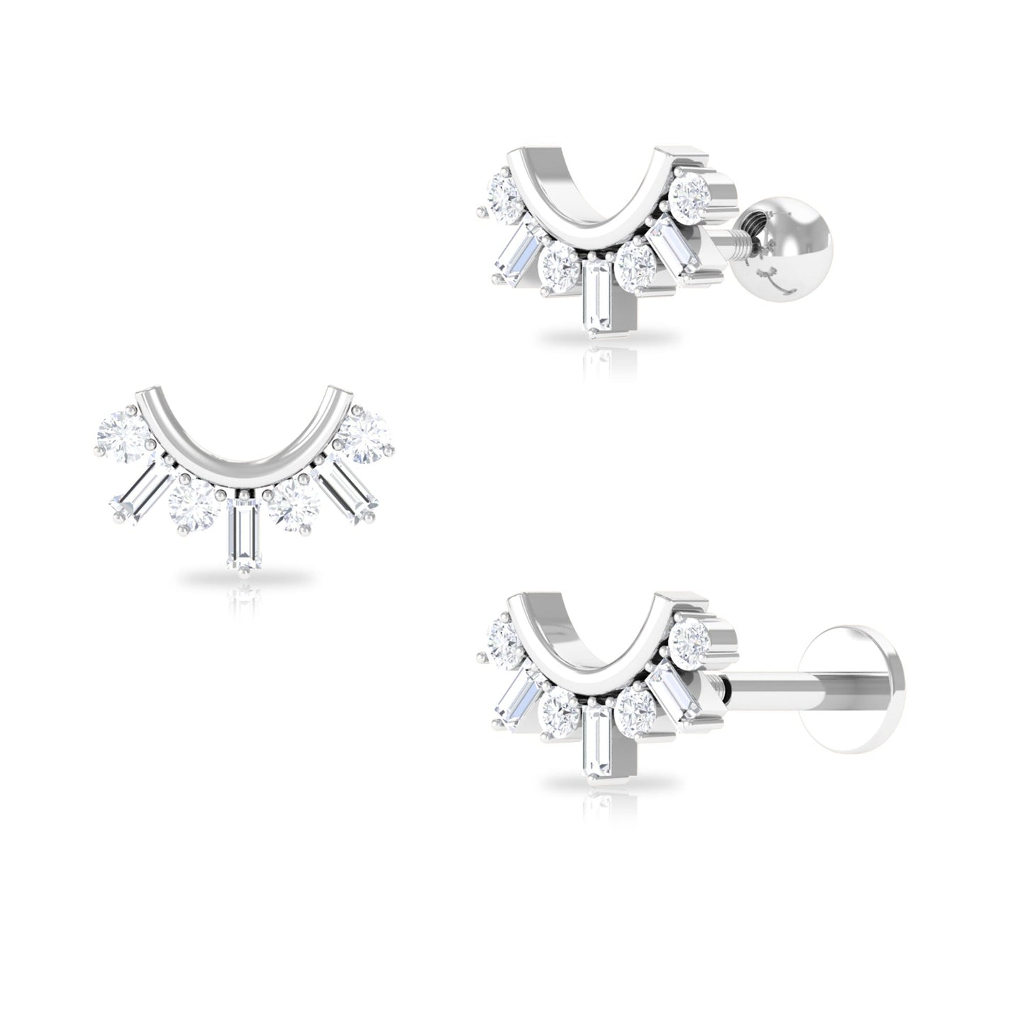 Baguette and Round Moissanite Curved Helix Earring