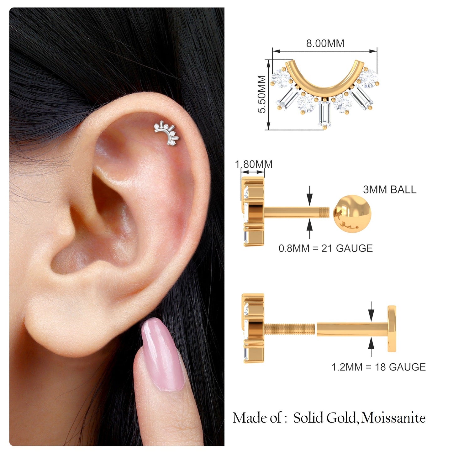 Baguette and Round Moissanite Curved Helix Earring