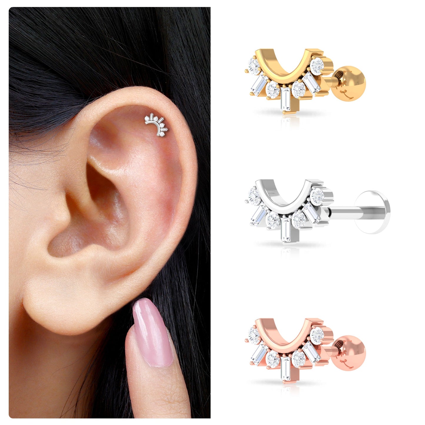 Baguette and Round Moissanite Curved Helix Earring