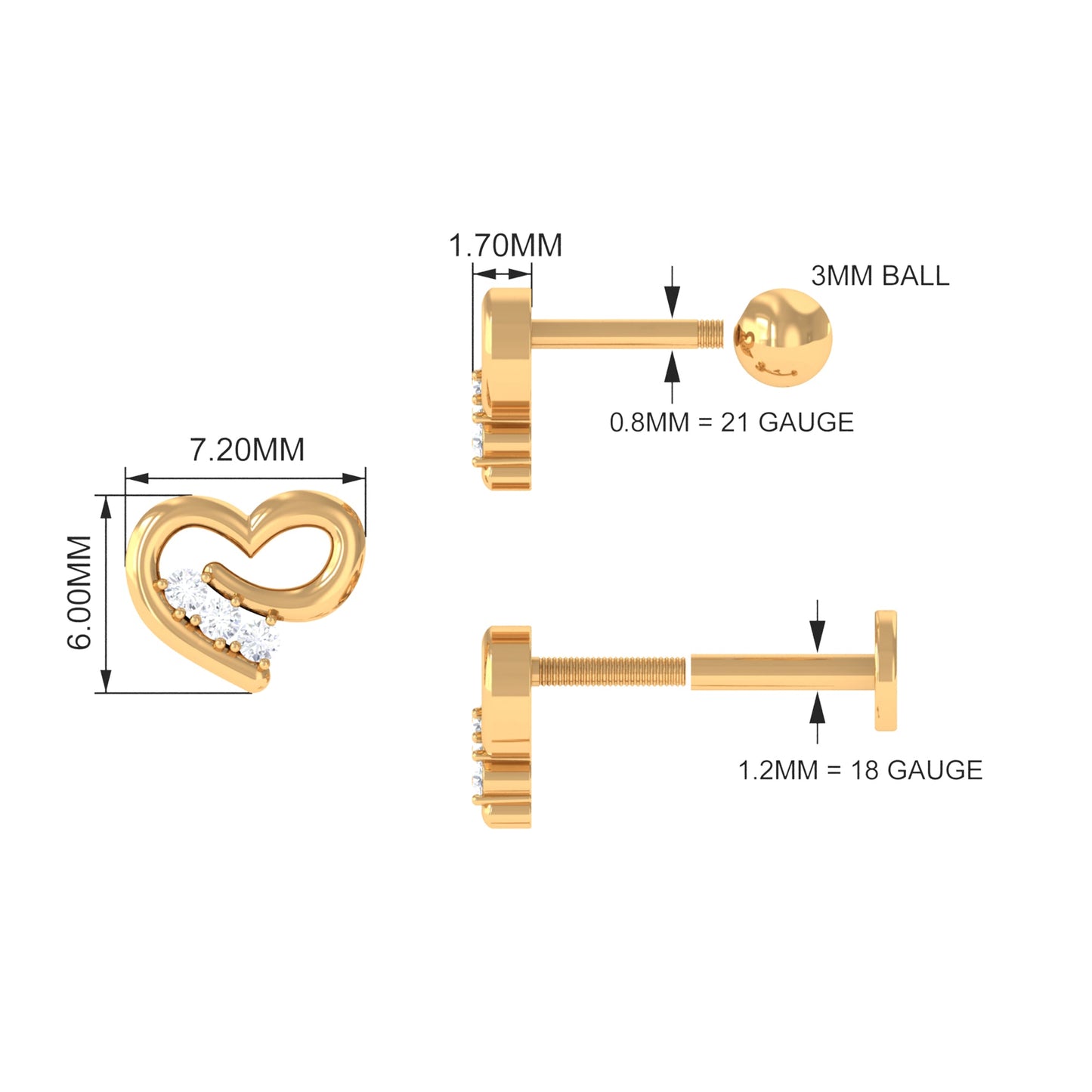 Real Diamond Cute Heart Earring for Helix Piercing