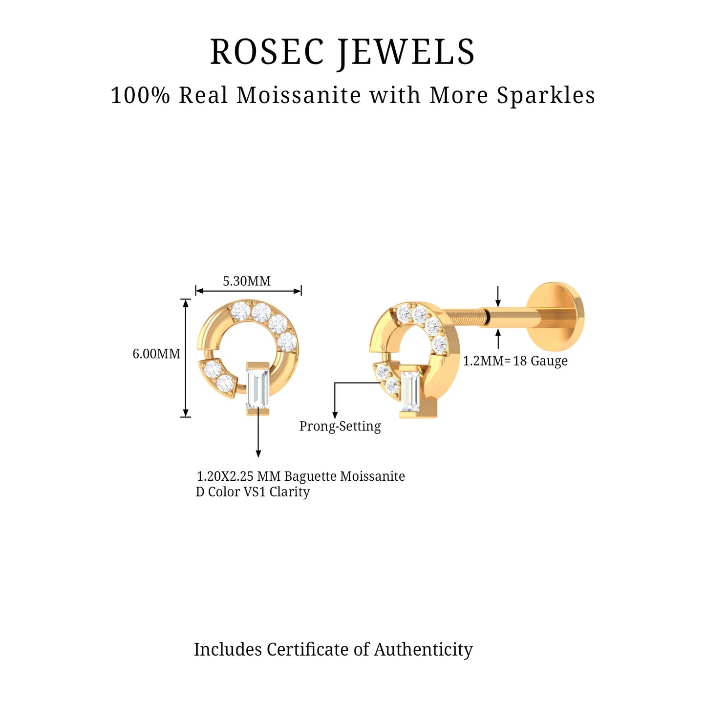 Baguette and Round Moissanite Open Circle Cartilage Earring