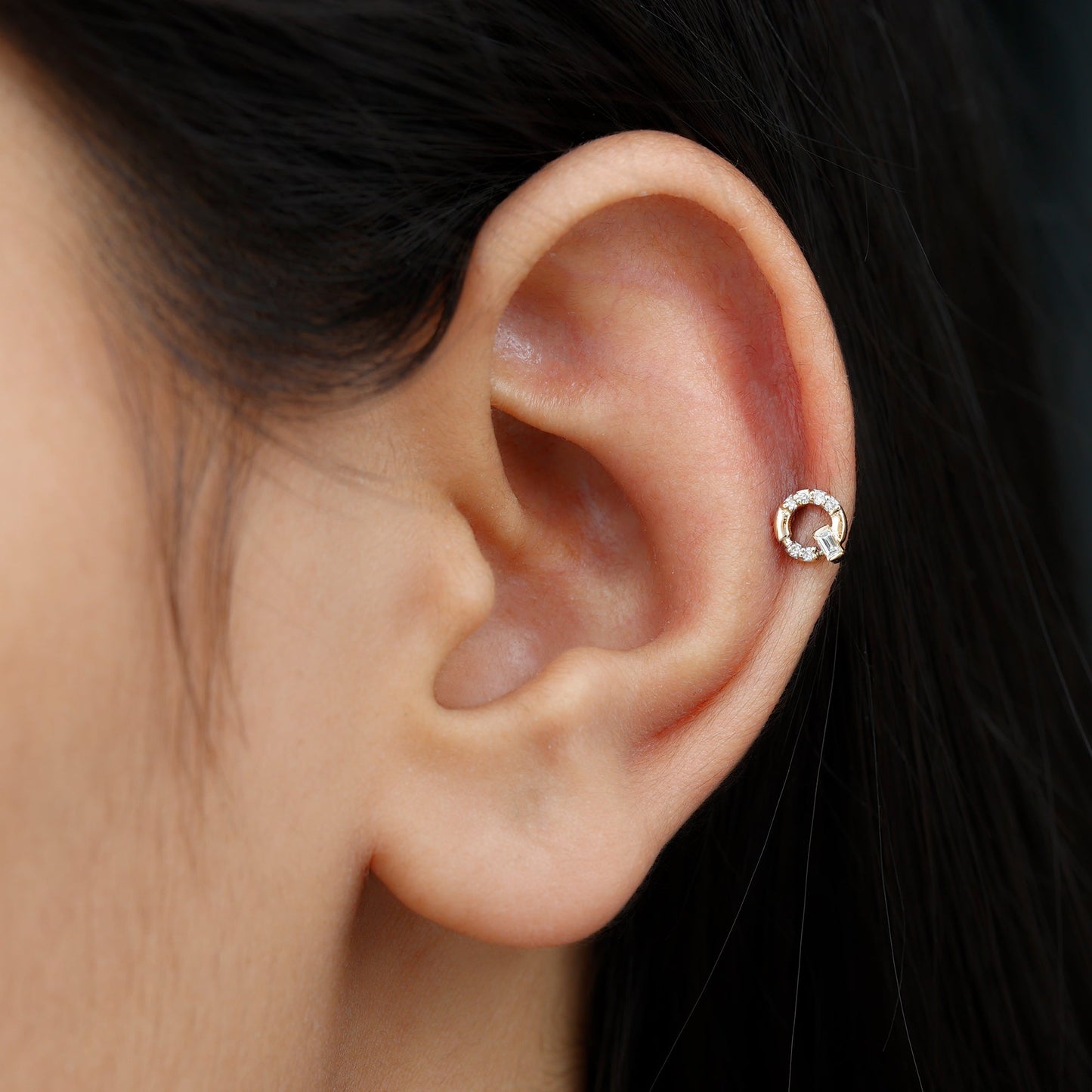 Baguette and Round Moissanite Open Circle Cartilage Earring