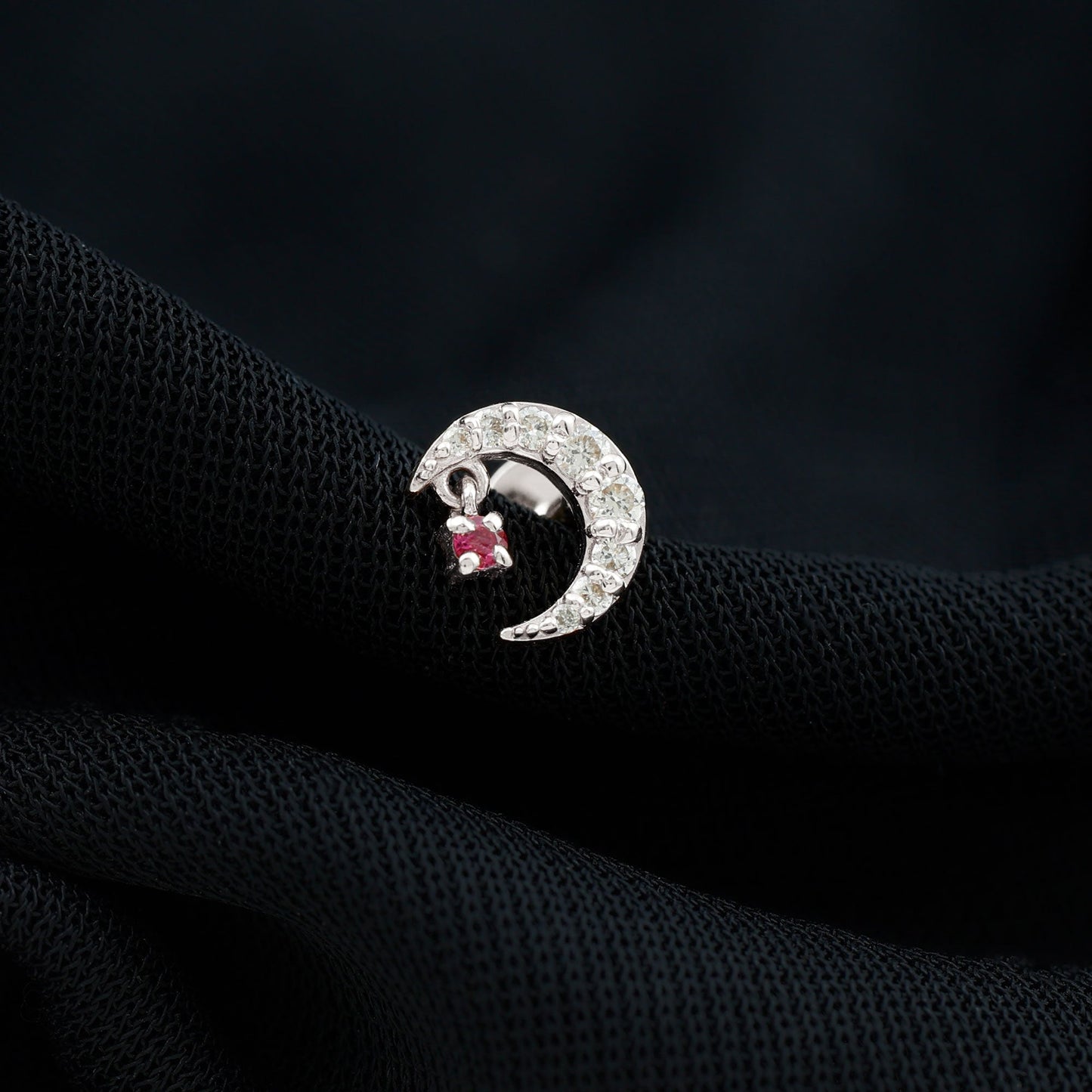 Natural Ruby and Lab Diamond Crescent Moon Helix Earring