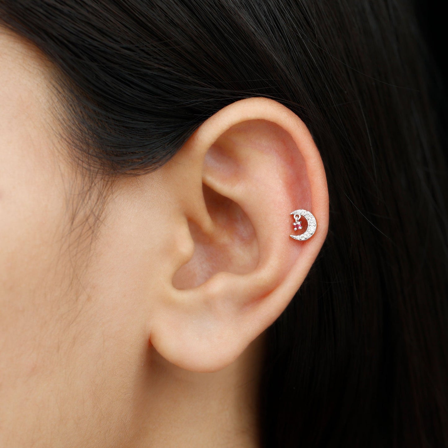 Natural Ruby and Lab Diamond Crescent Moon Helix Earring