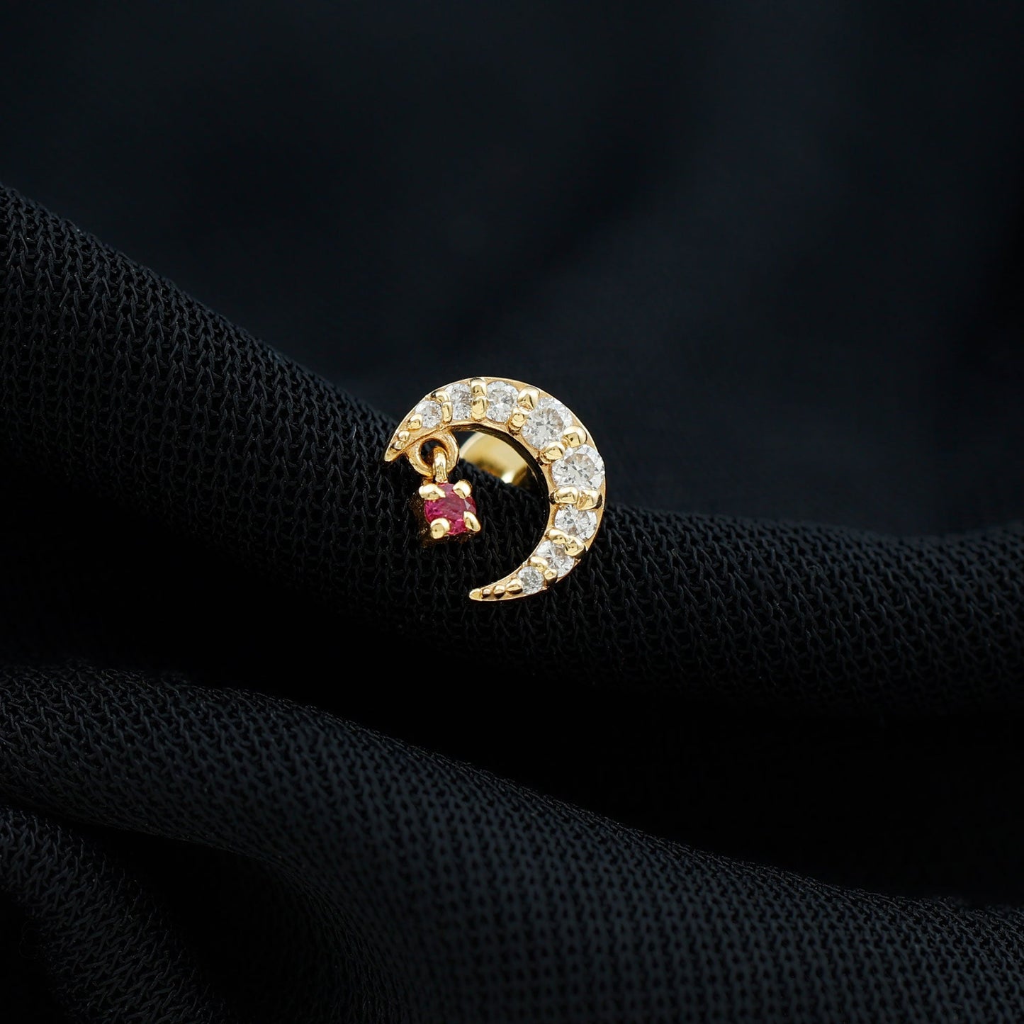 Natural Ruby and Lab Diamond Crescent Moon Helix Earring