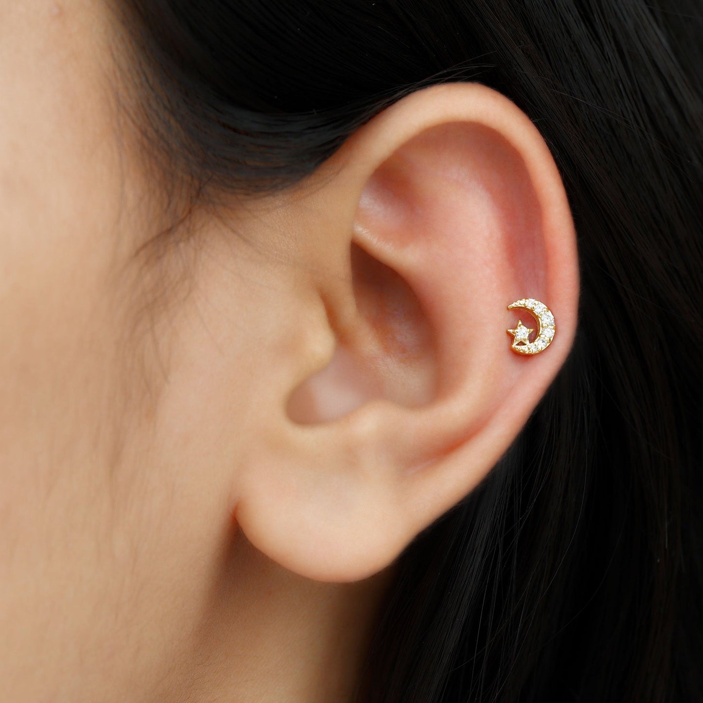 Moissanite Moon and Star Cartilage Earring
