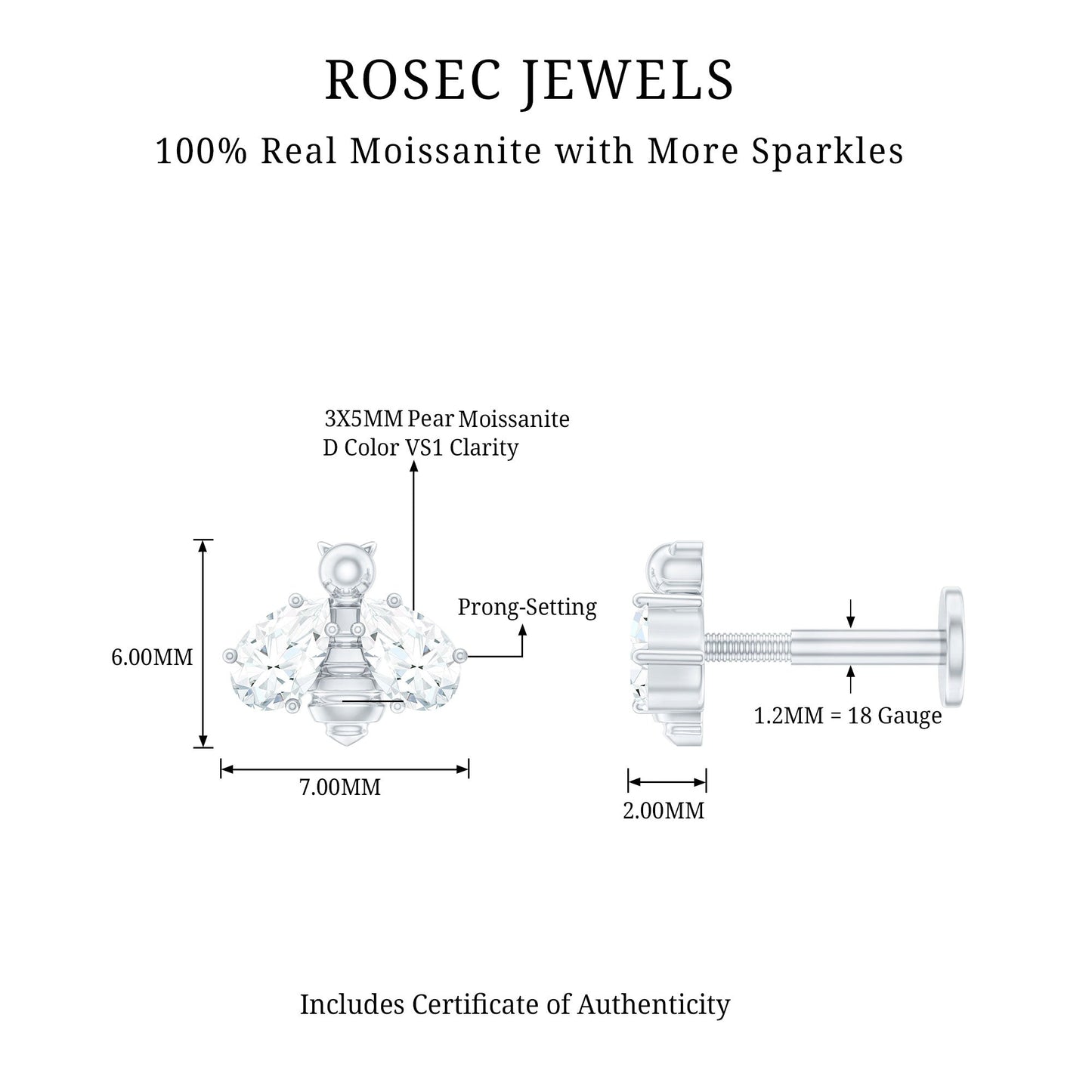 Pear Cut Moissanite Bee Earring for Cartilage Piercing