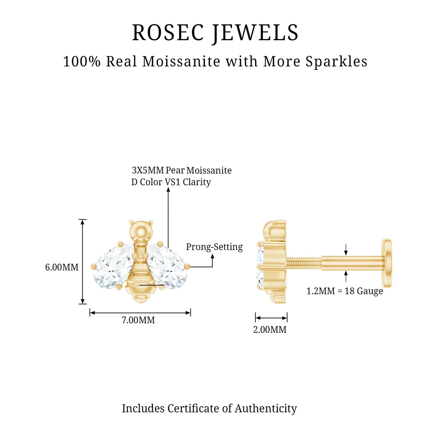 Pear Cut Moissanite Bee Earring for Cartilage Piercing