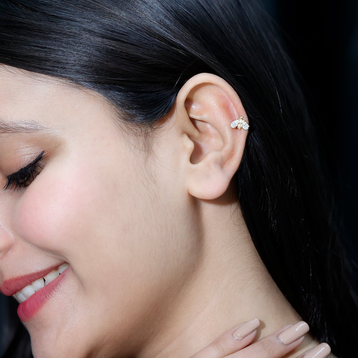 Pear Cut Moissanite Bee Earring for Cartilage Piercing