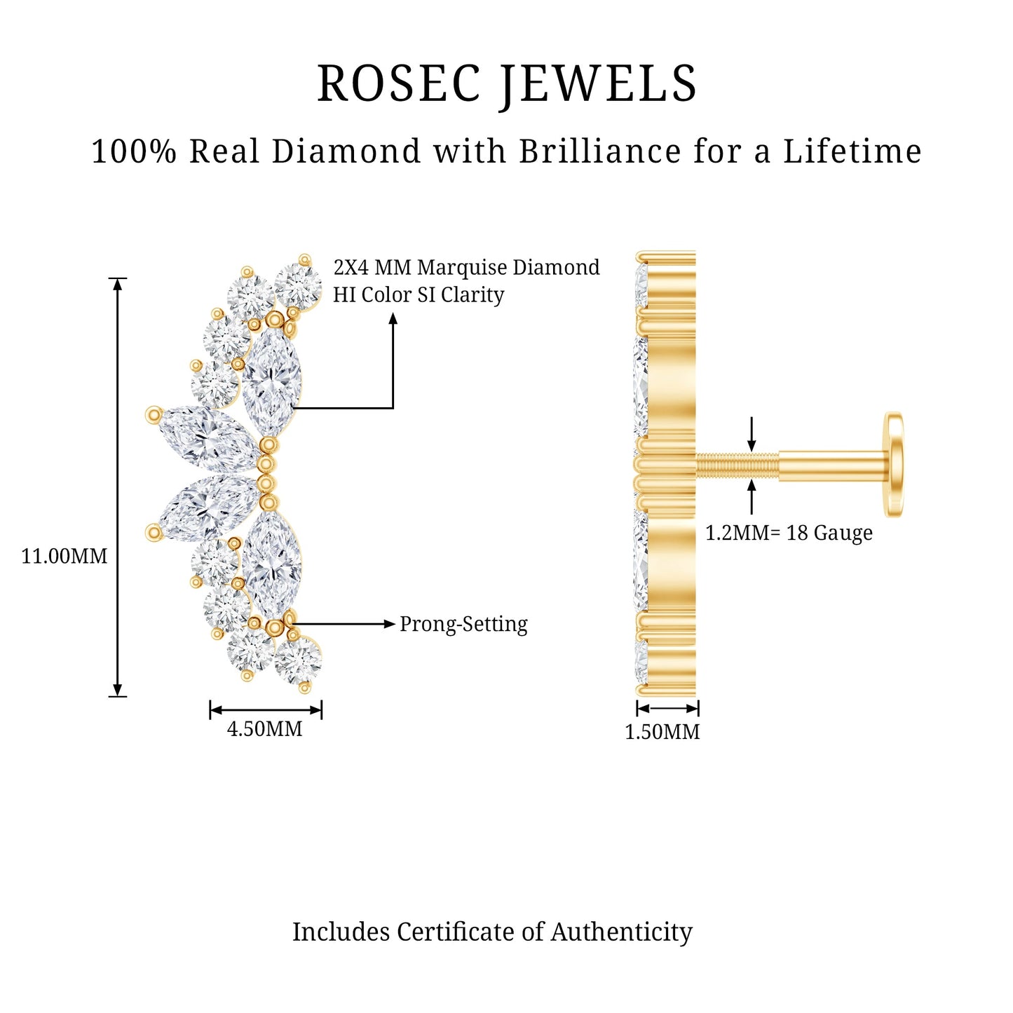 Unique Diamond Crawler Earring for Cartilage Piercing