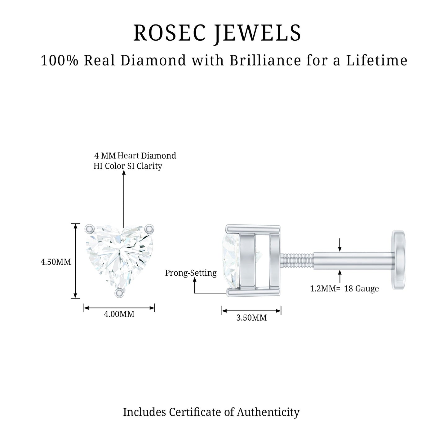 Solitaire Diamond Heart Earring with Flat Back