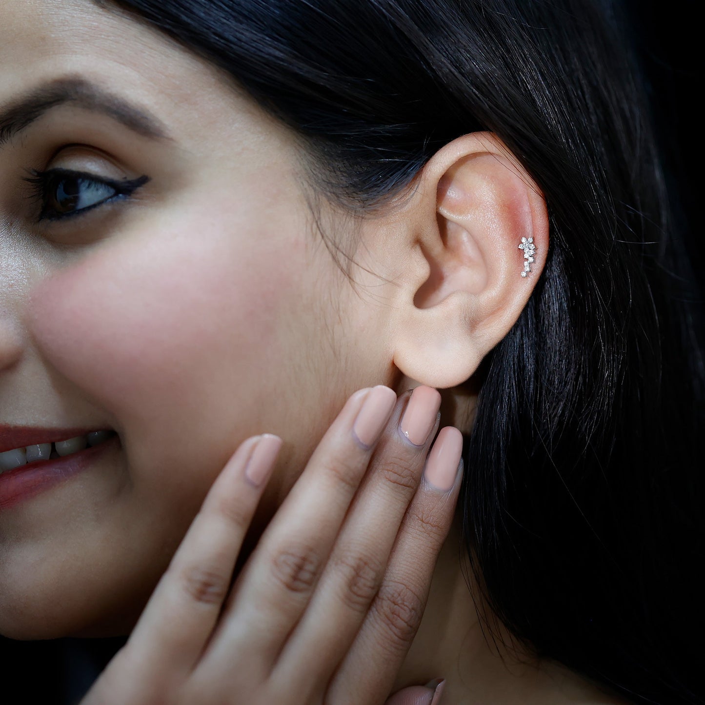 Diamond Floral Cluster Earring for Helix Piercing