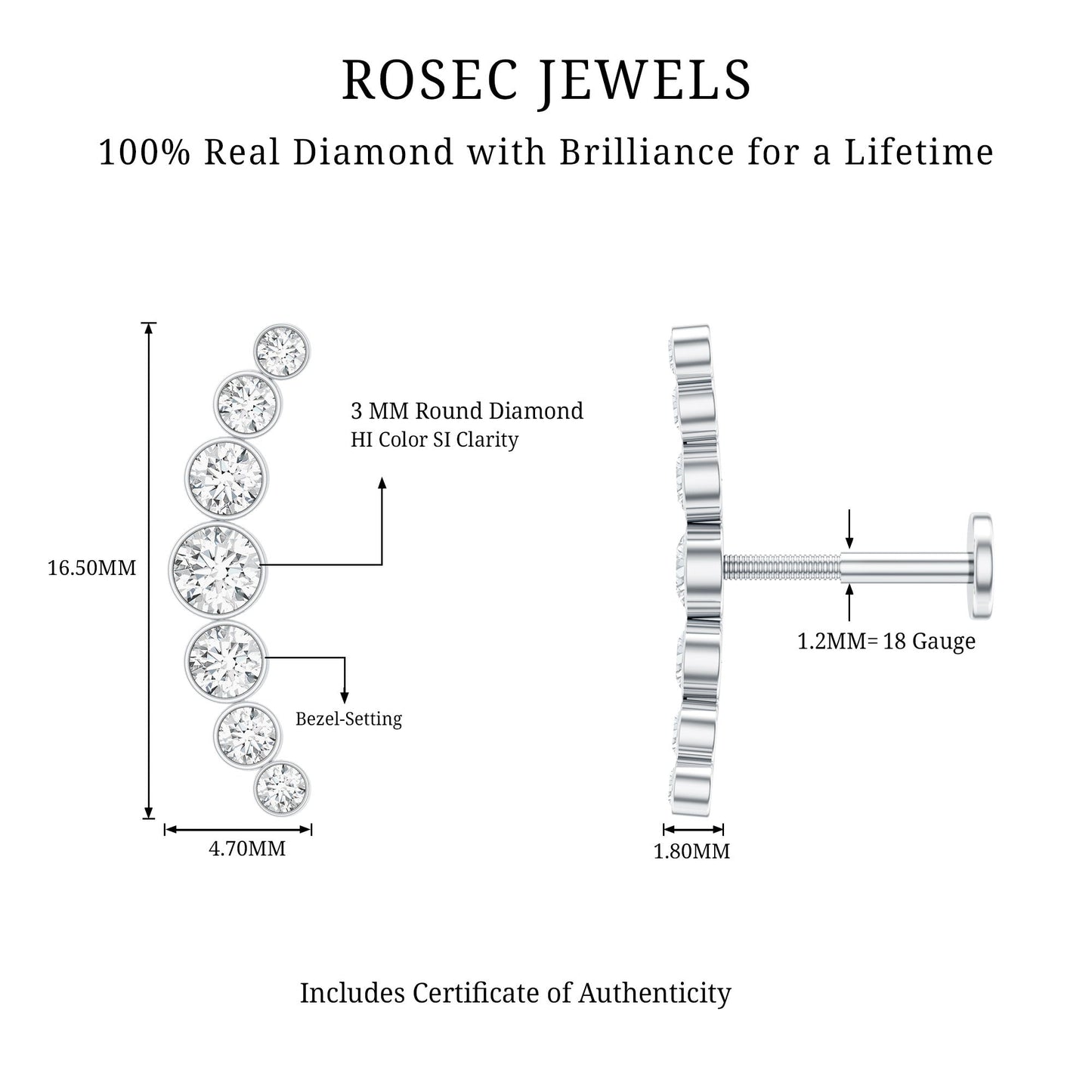 Graduated Diamond Crawler Helix Earring in Bezel Set