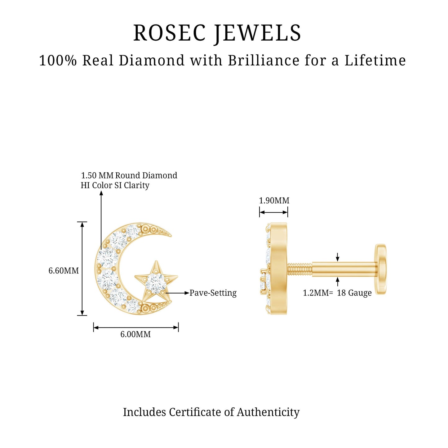 Certified Diamond Crescent Moon Helix Earring with Star