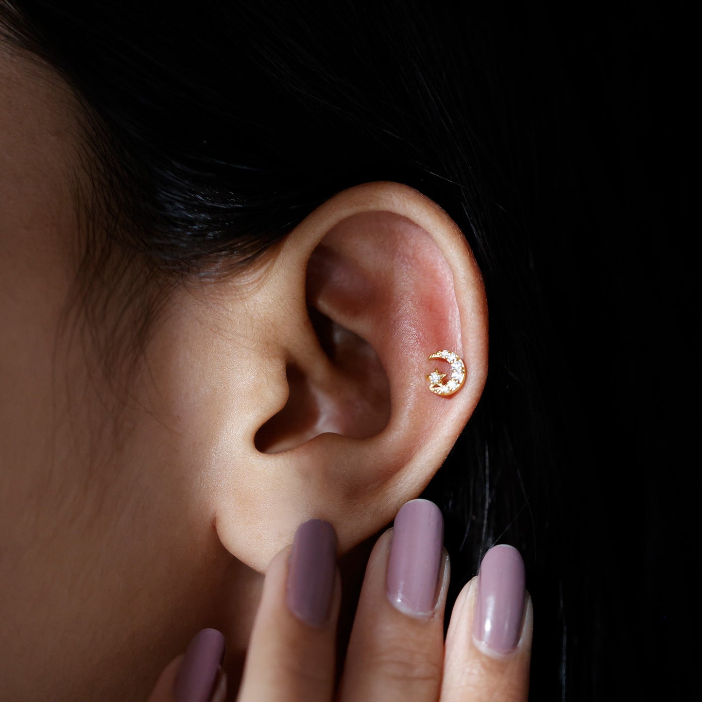 Certified Diamond Crescent Moon Helix Earring with Star