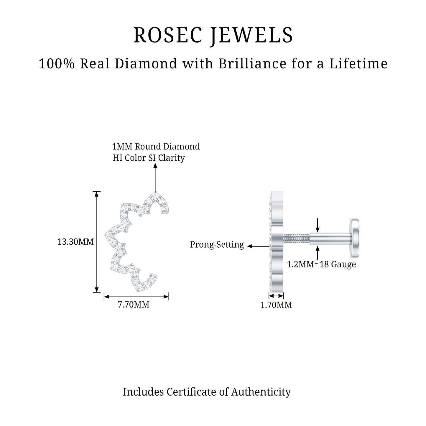 Certified Diamond Curved Floral Earring for Cartilage Piercing