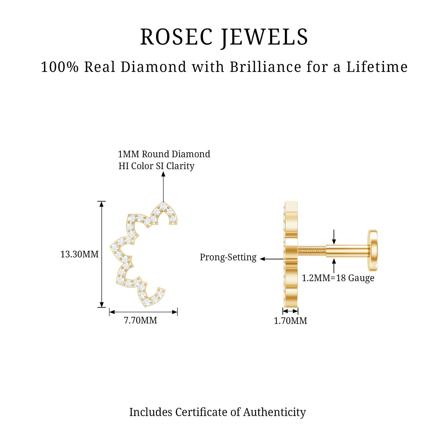 Certified Diamond Curved Floral Earring for Cartilage Piercing