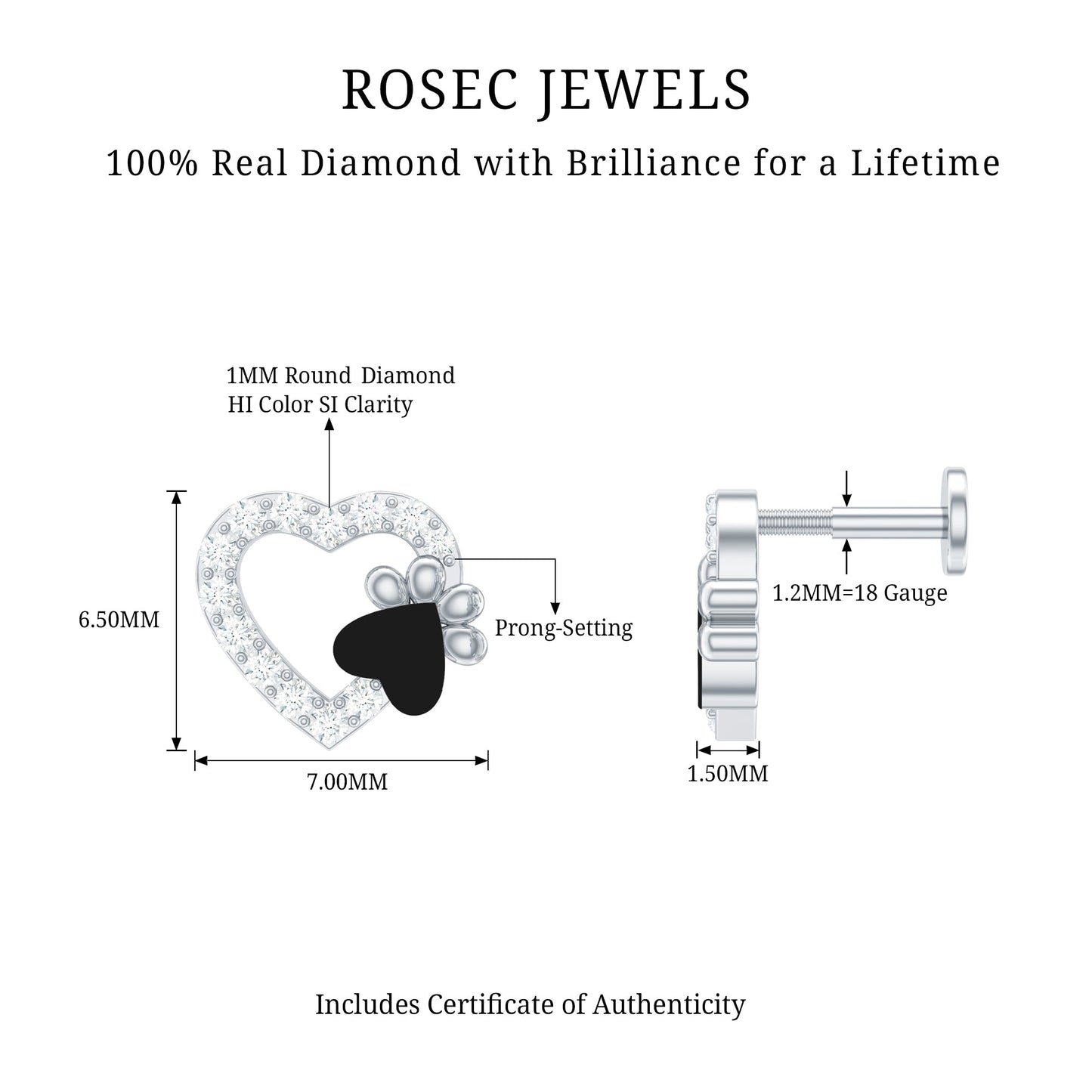 Sparkling Diamond Dog Paw Heart Earring with Black Enamel