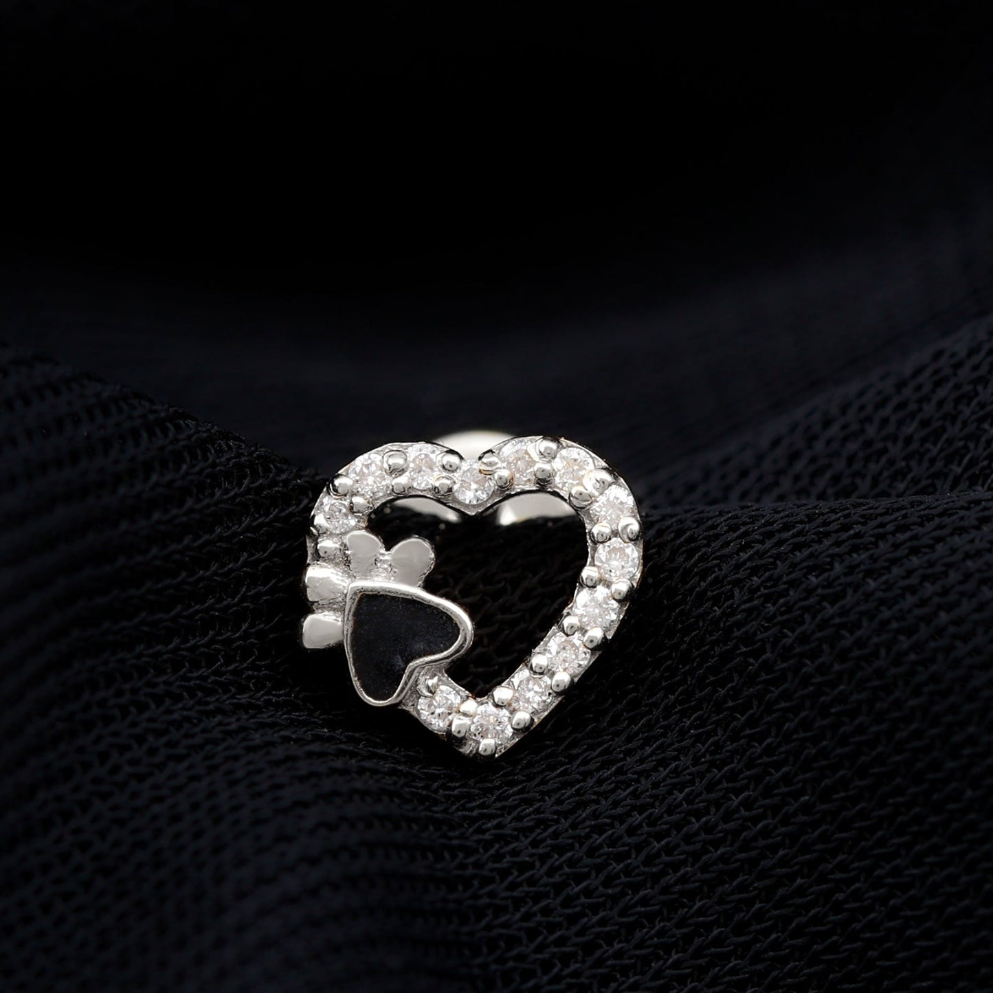 Sparkling Diamond Dog Paw Heart Earring with Black Enamel