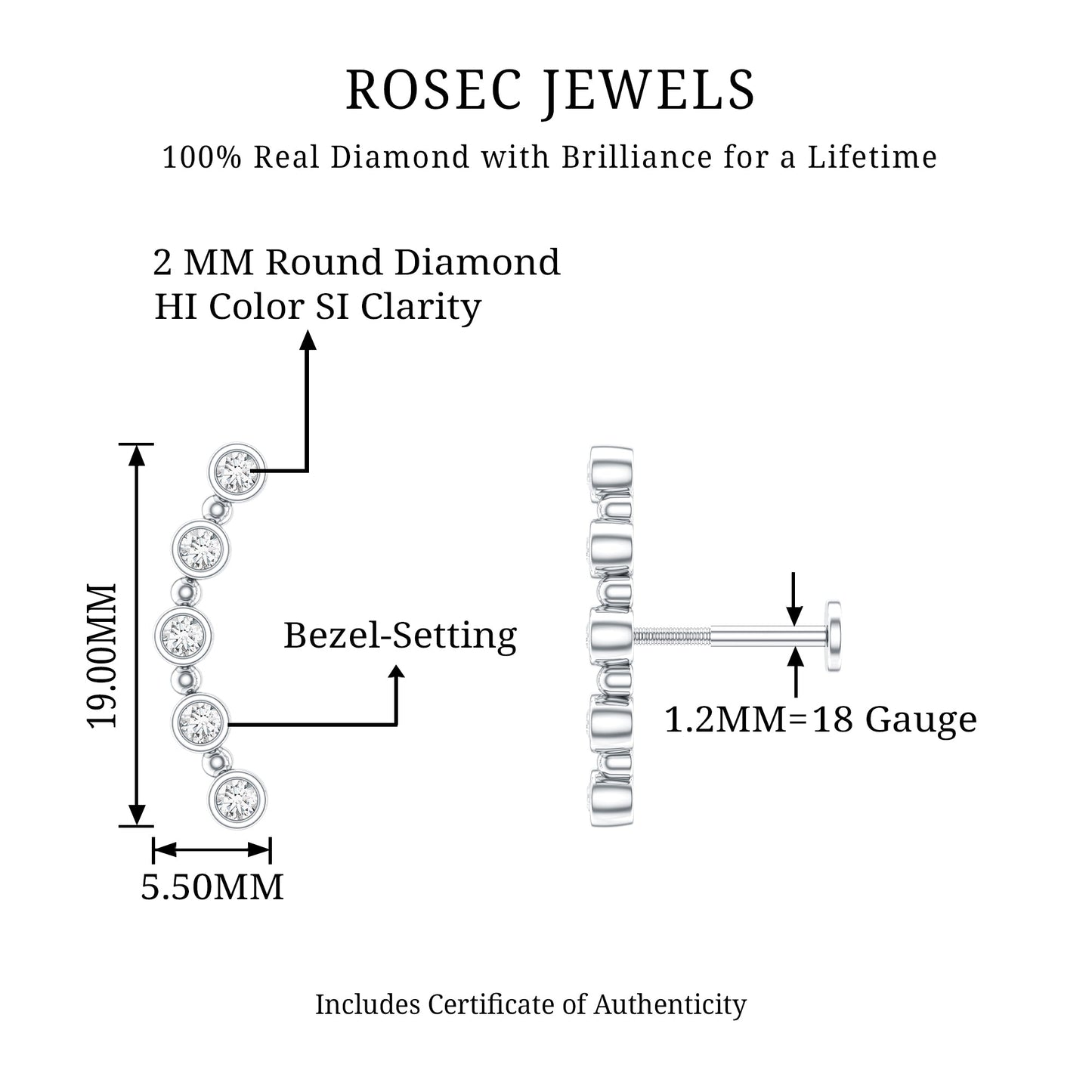 Bezel Set Diamond Crawler Earring for Cartilage Piercing