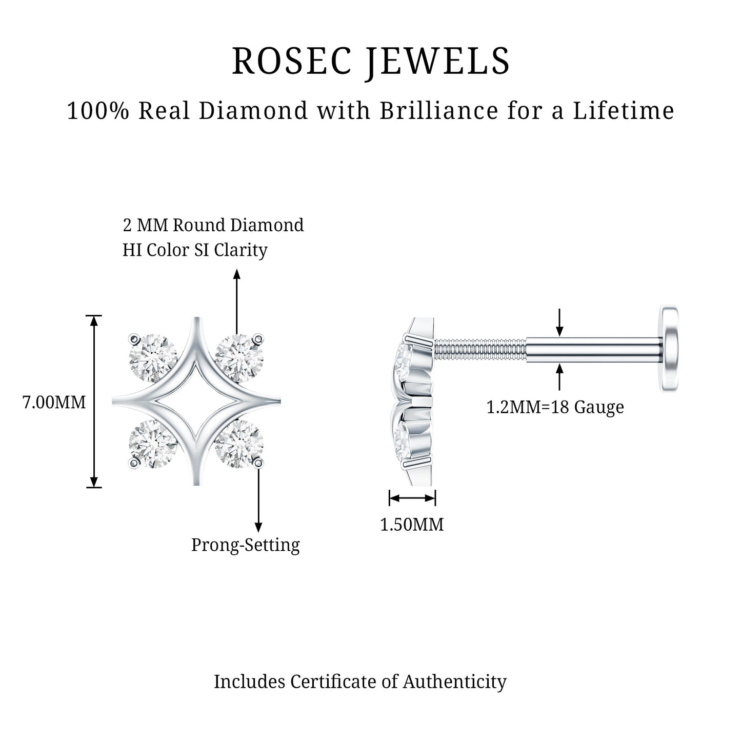 Round Cut Diamond Star Earring for Helix Piercing
