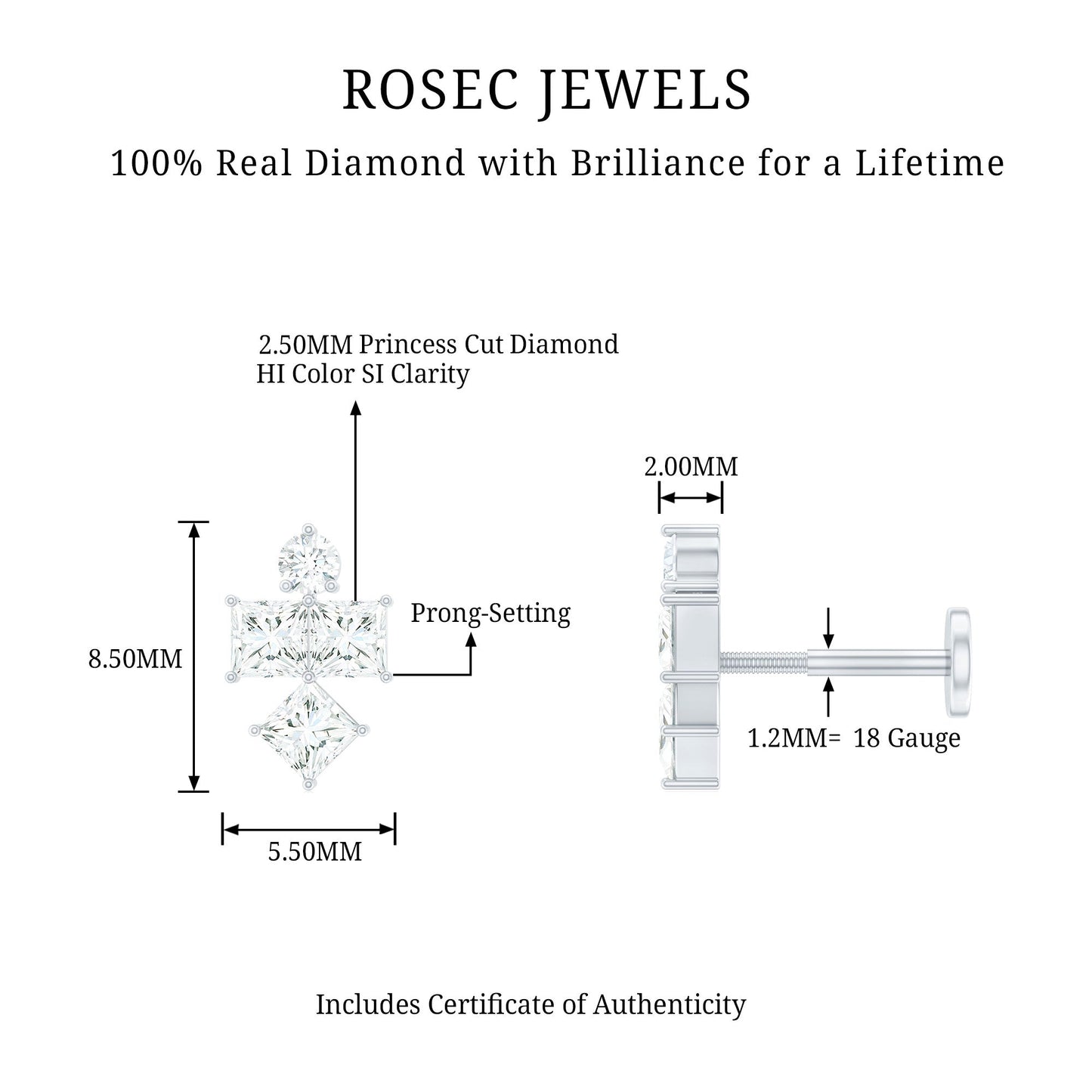 Princess Cut Diamond Helix Piercing Earring for Women