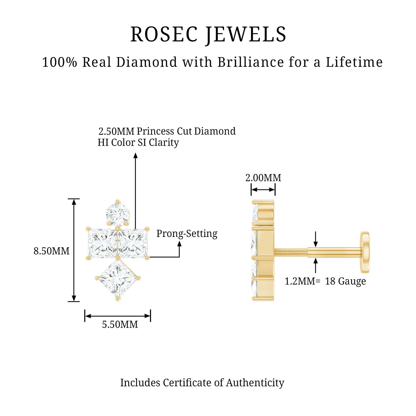 Princess Cut Diamond Helix Piercing Earring for Women