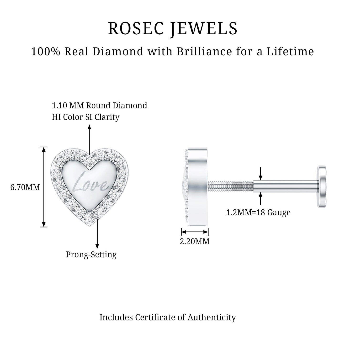 Cute Diamond Love Heart Earring for Helix Piercing