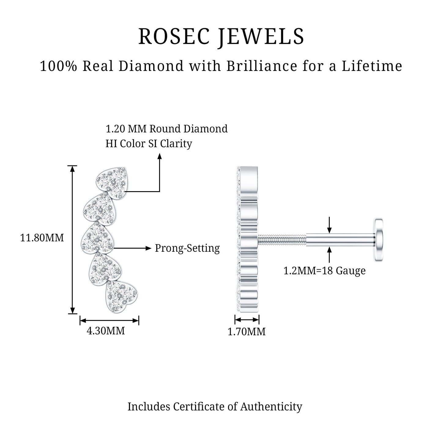 Diamond Heart Crawler Earring for Helix Piercing