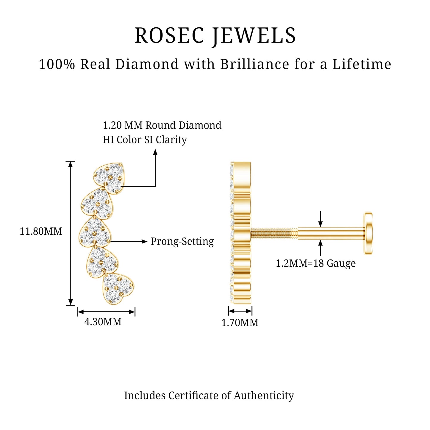 Diamond Heart Crawler Earring for Helix Piercing