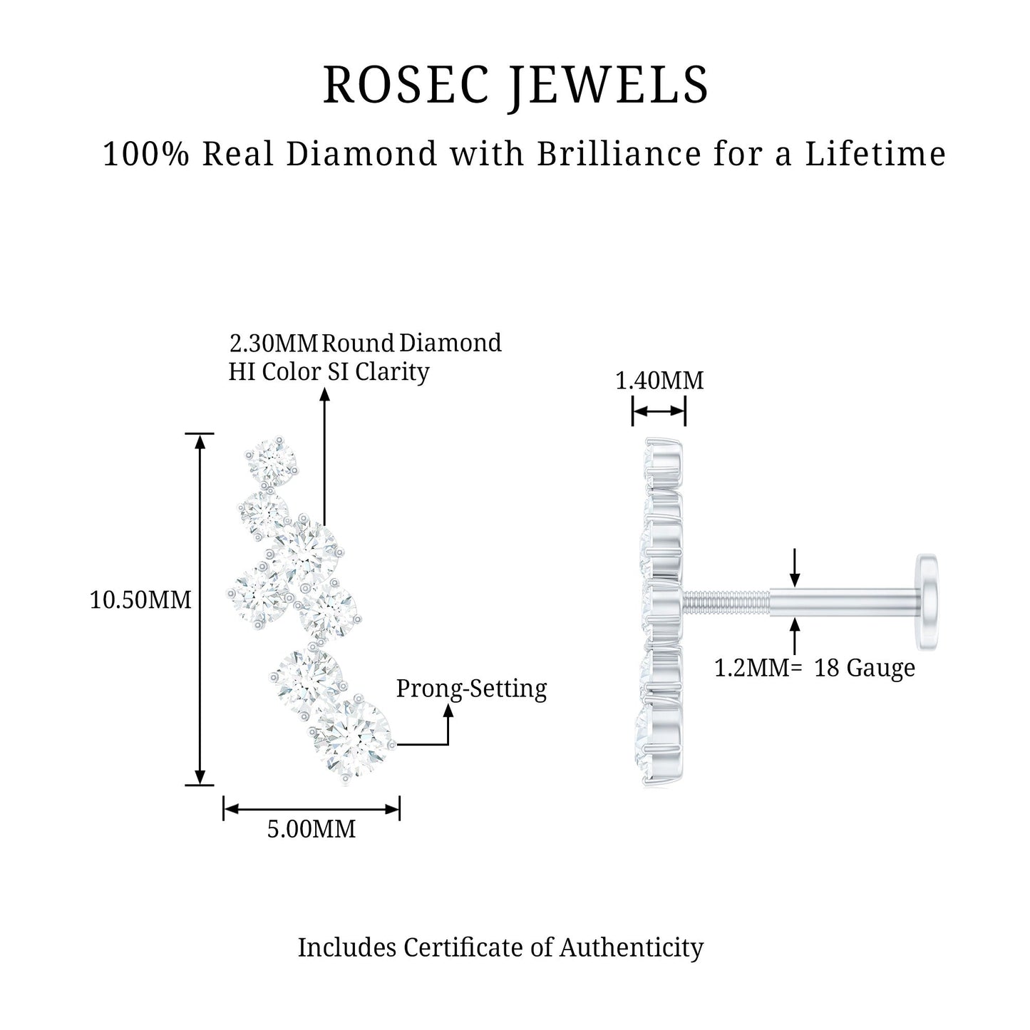 Simple Diamond Helix Piercing Earring with Flat Back