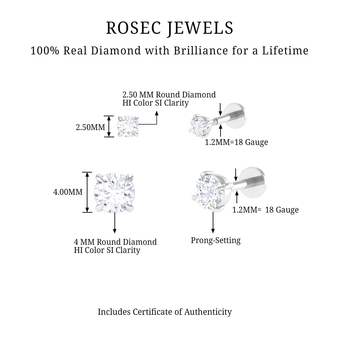 Brilliant Cut Diamond Solitaire Earring Set for Helix Piercing