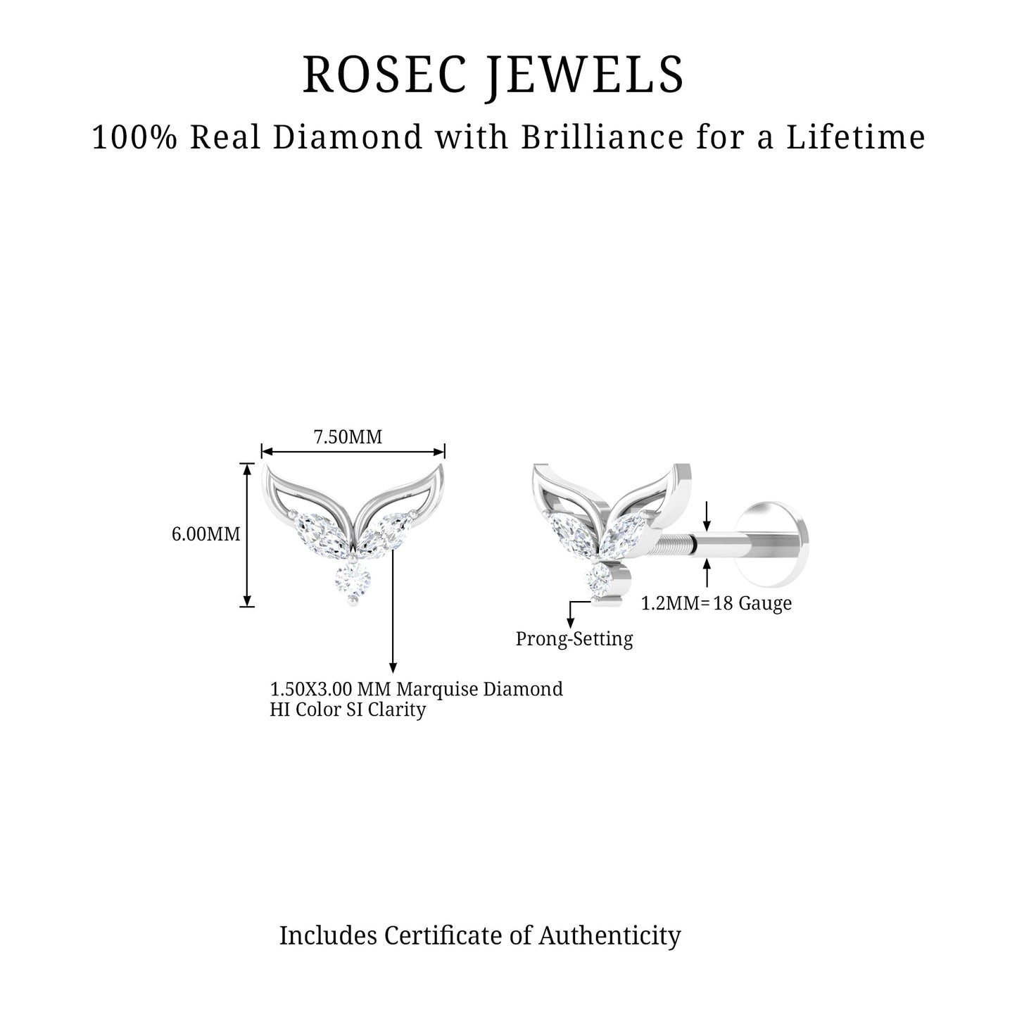 Marquise Diamond Leaf Earring for Cartilage Piercing