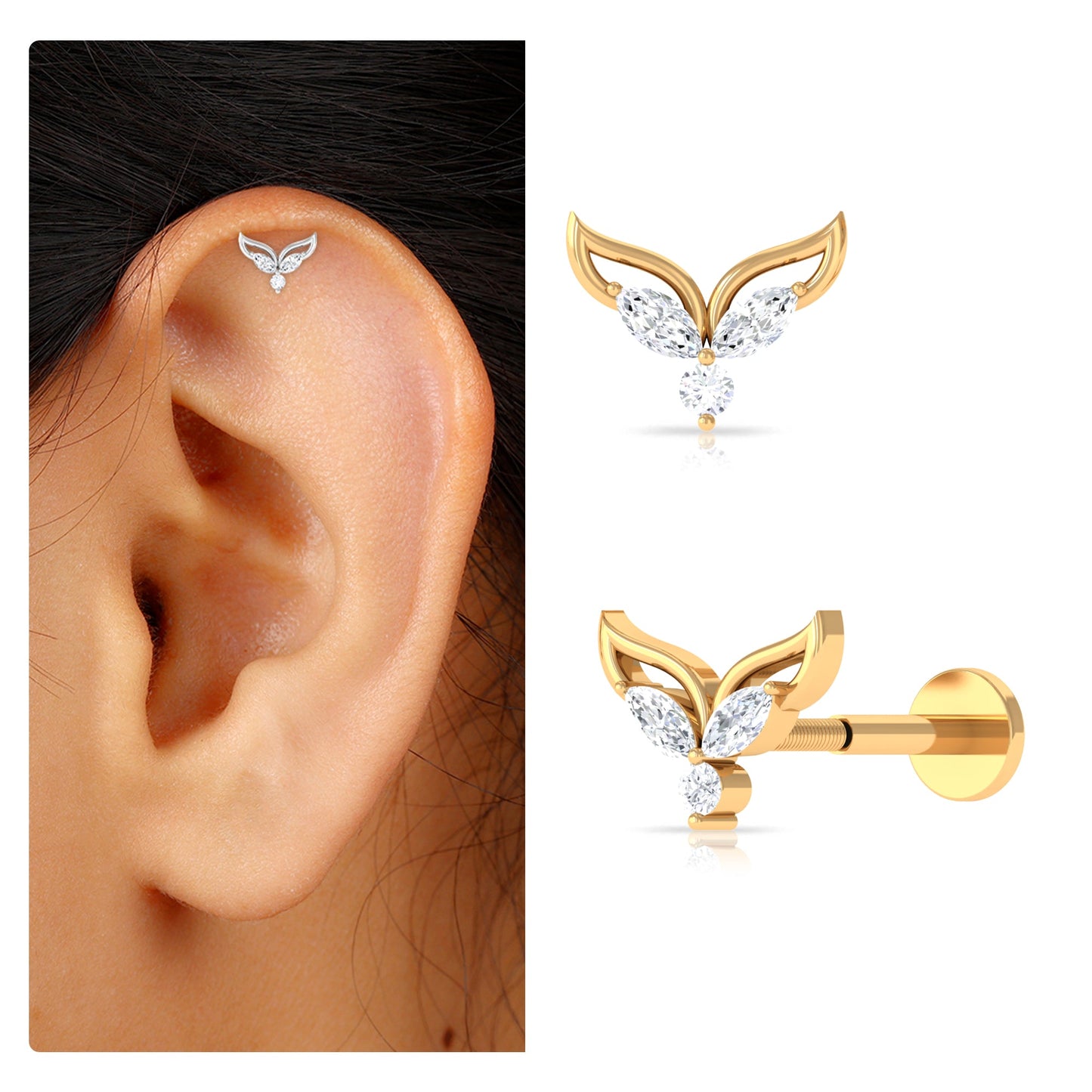 Marquise Diamond Leaf Earring for Cartilage Piercing