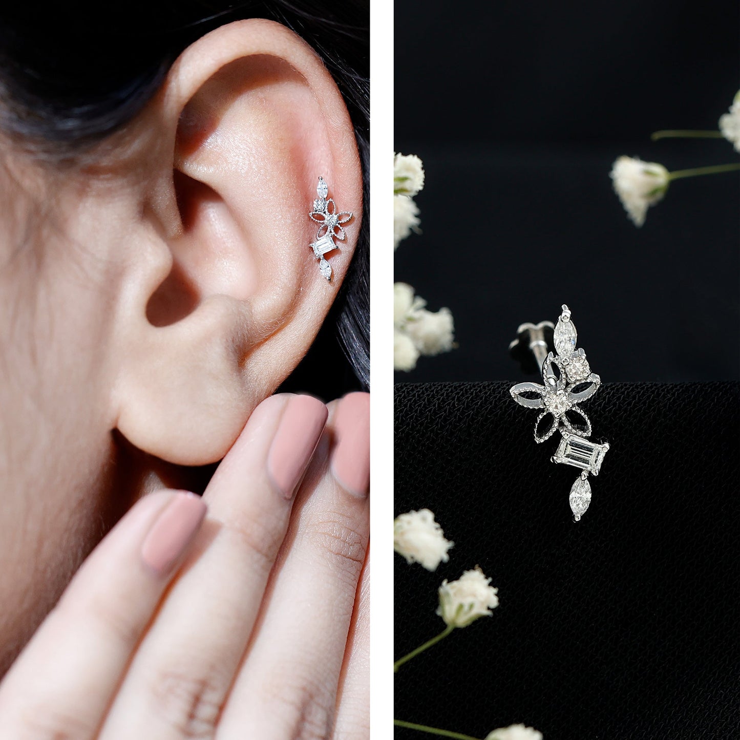 Real Diamond Flower Crawler Earring for Helix Piercing