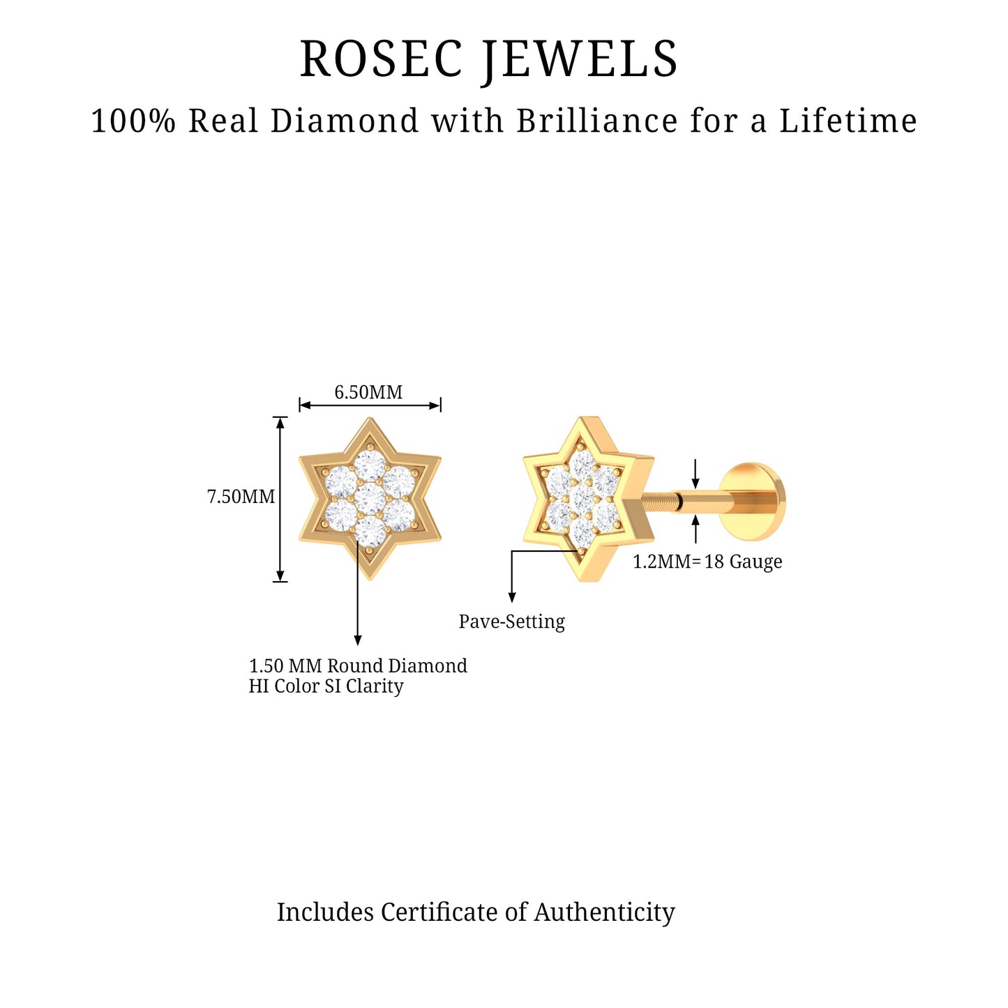 Certified Diamond Star Earring for Helix Piercing
