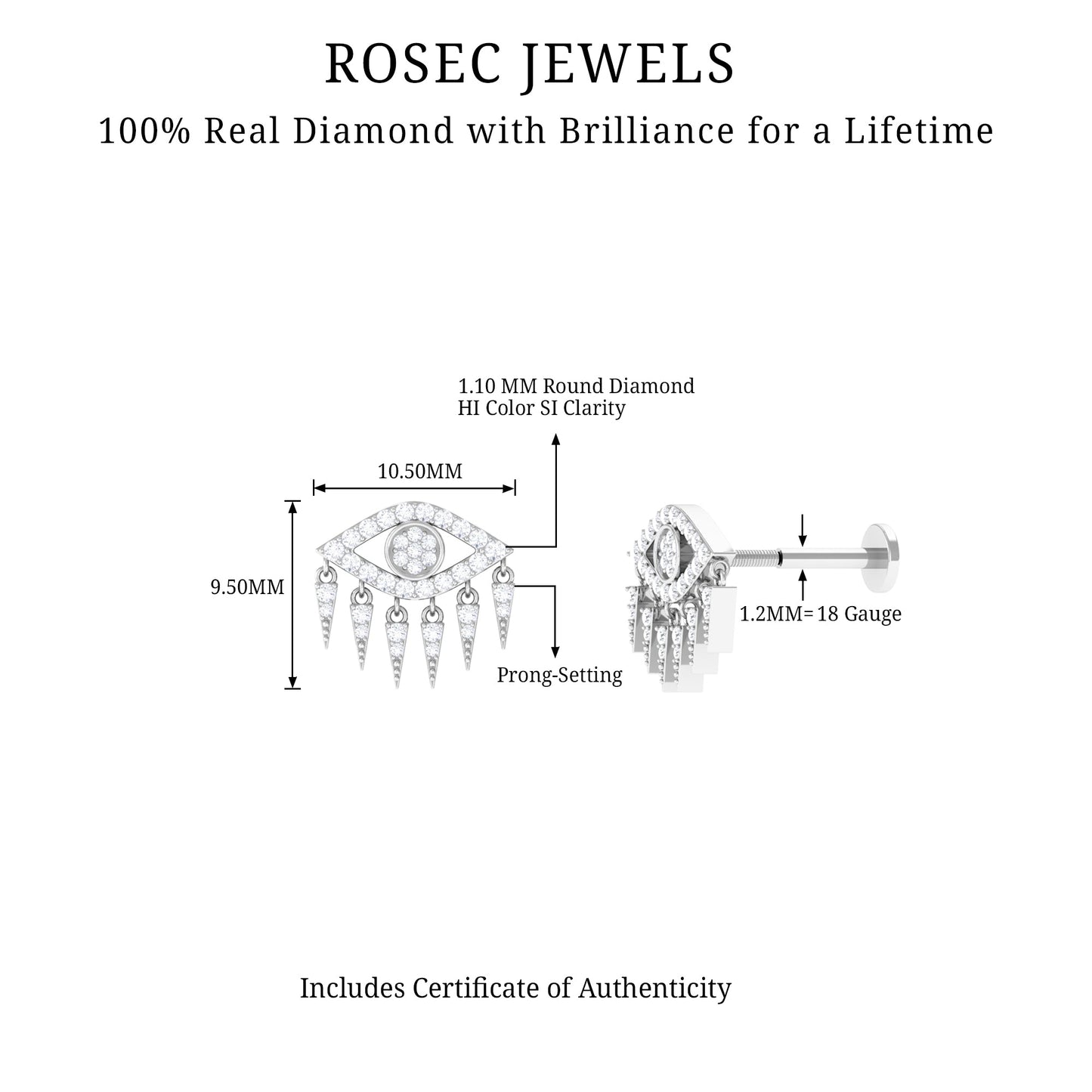 Diamond Evil Eye Earring for Upper Lobe Piercing