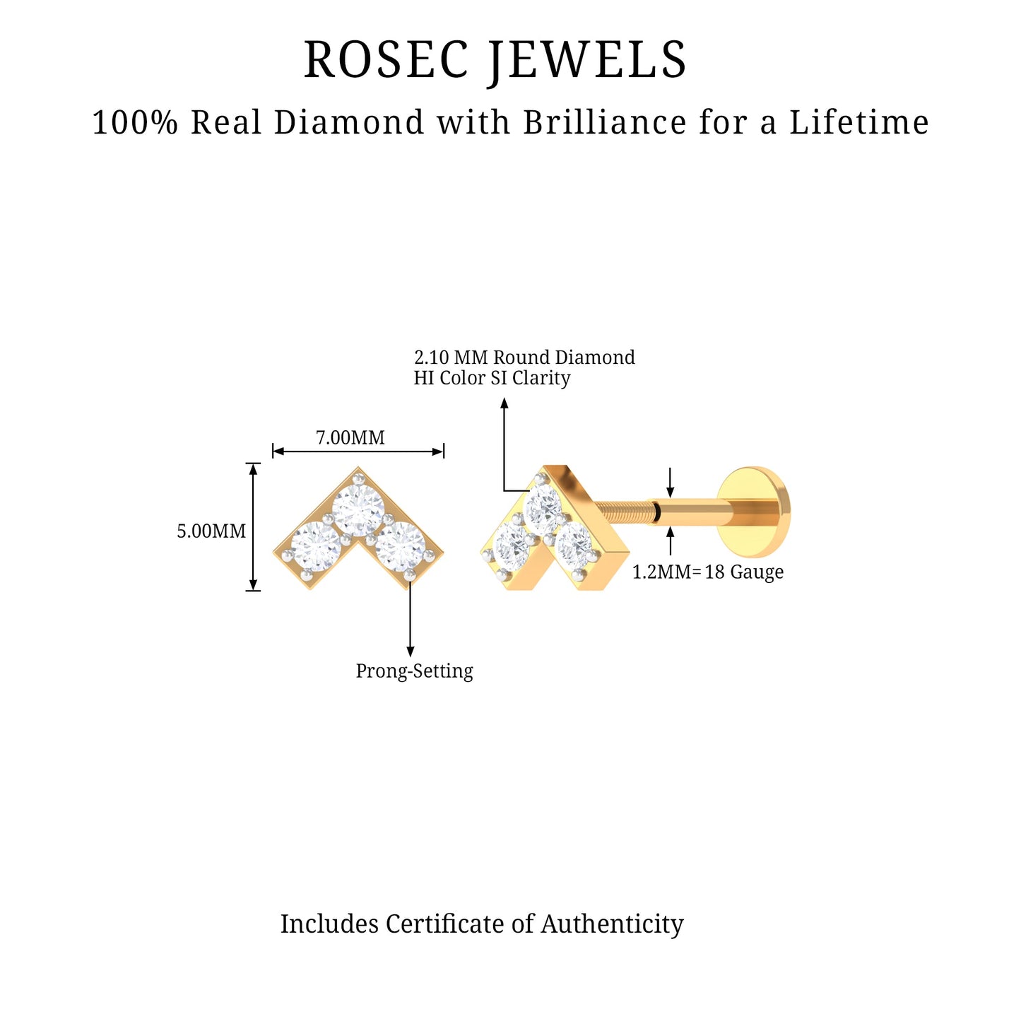 Certified Diamond Chevron V Earring for Tragus Piercing
