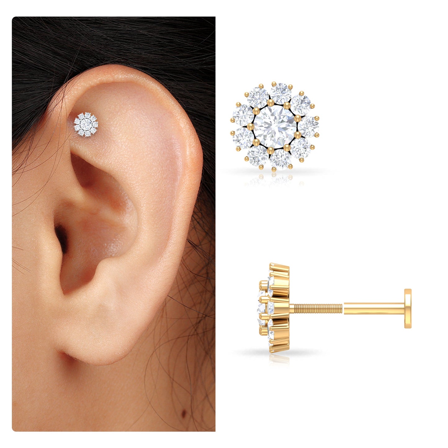 Certified Diamond Cluster Stud Earring with Flat Back