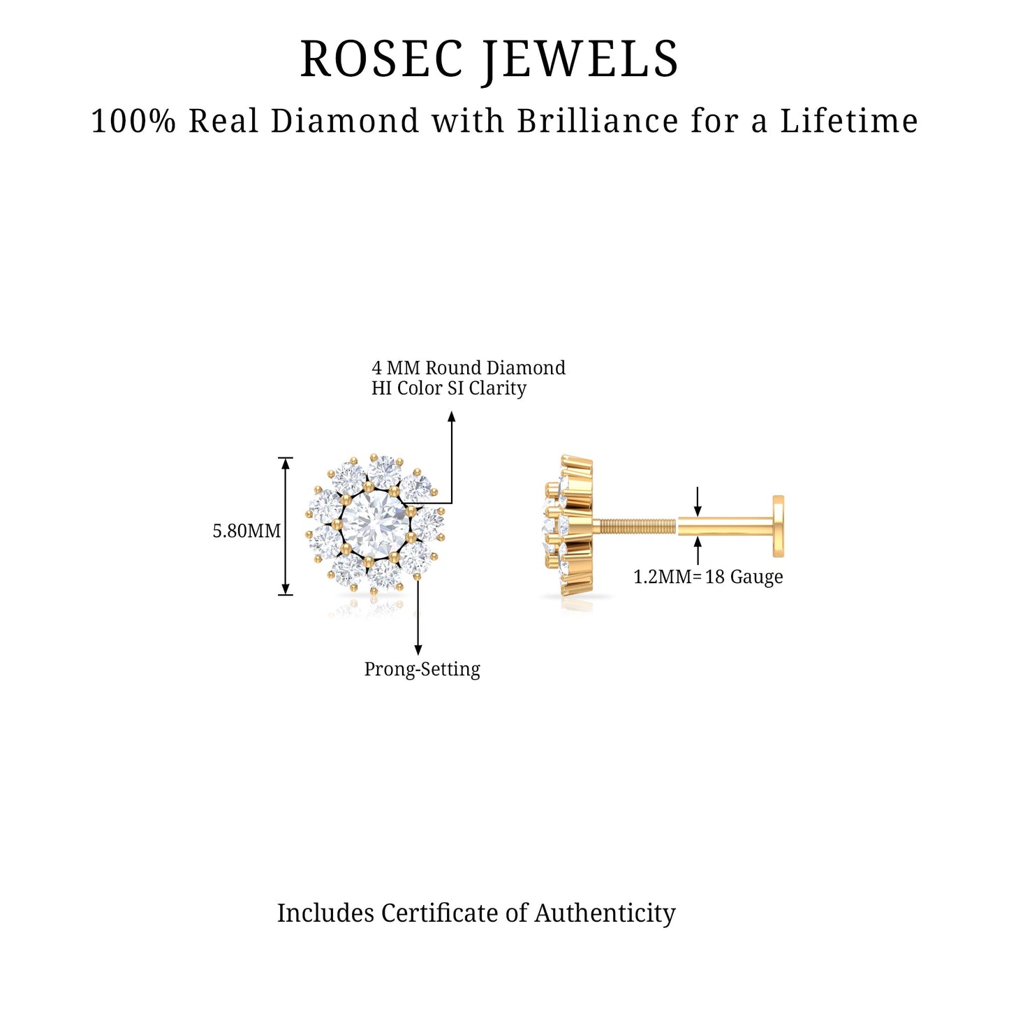 Certified Diamond Cluster Stud Earring with Flat Back