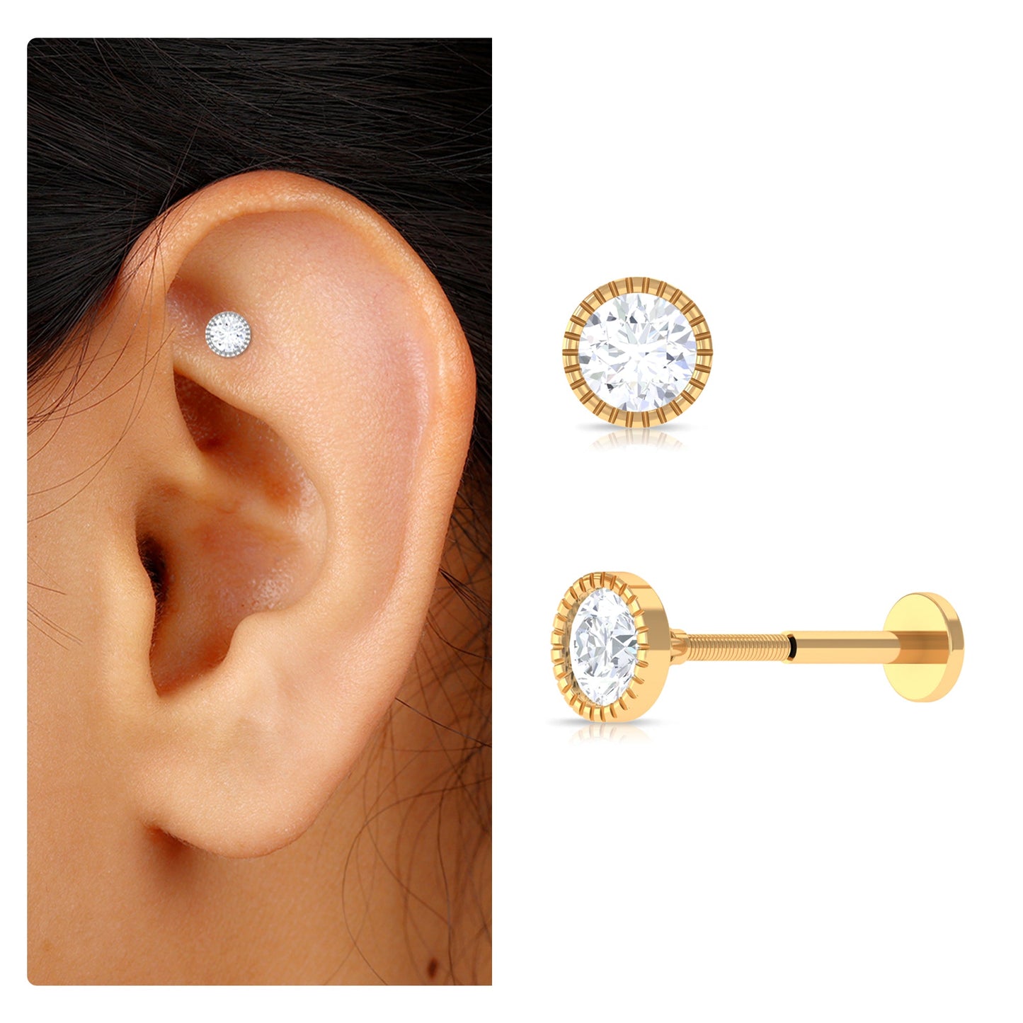 Bezel Set Diamond Solitaire Stud Earring for Helix Piercing