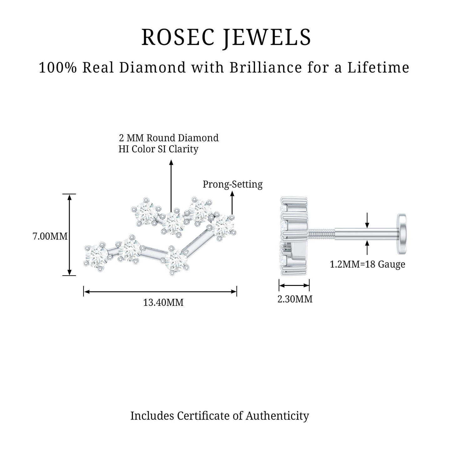 Round Diamond Gemini Zodiac Cartilage Earring