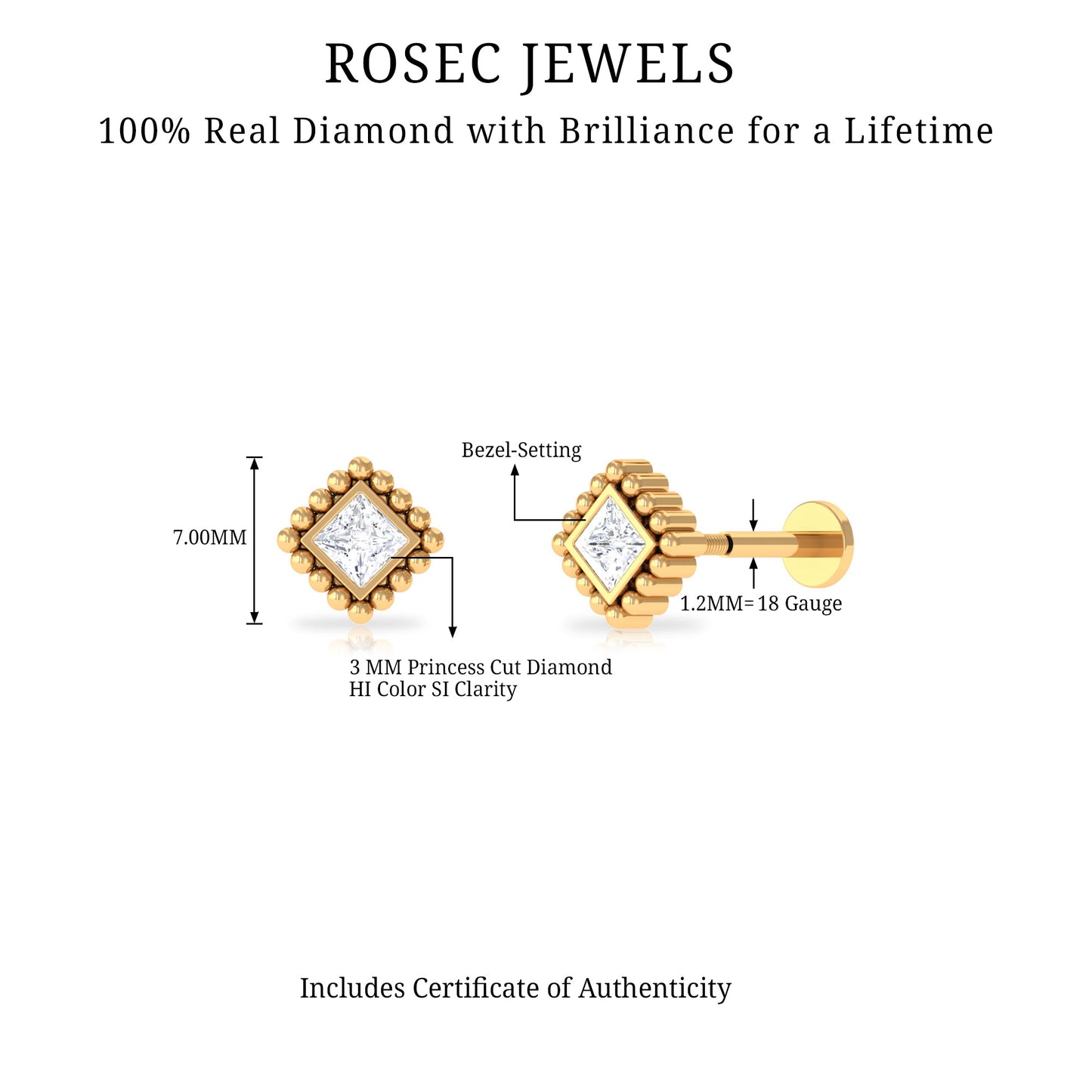 Princess Cut Diamond Solitaire Earring in Beaded Bezel Setting