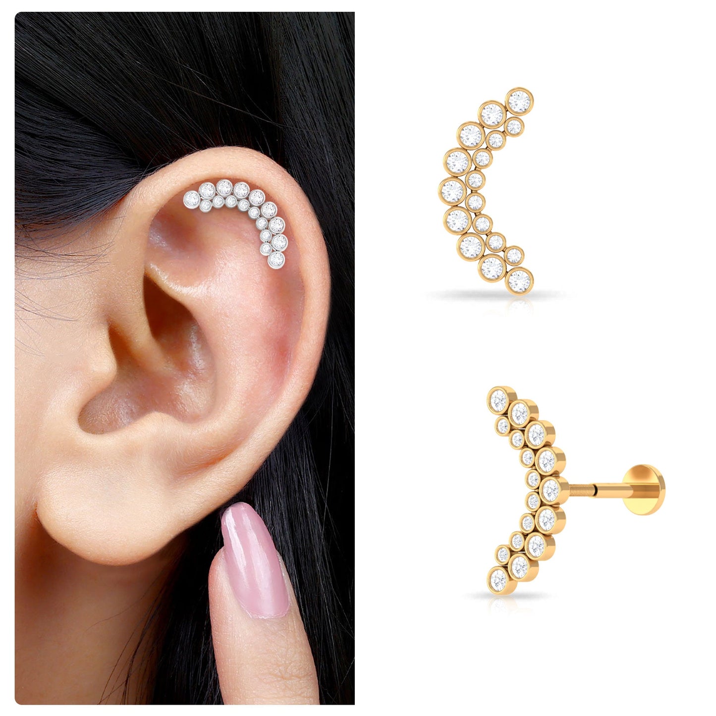Bezel Set Diamond Ear Crawler Earring with Flat Back