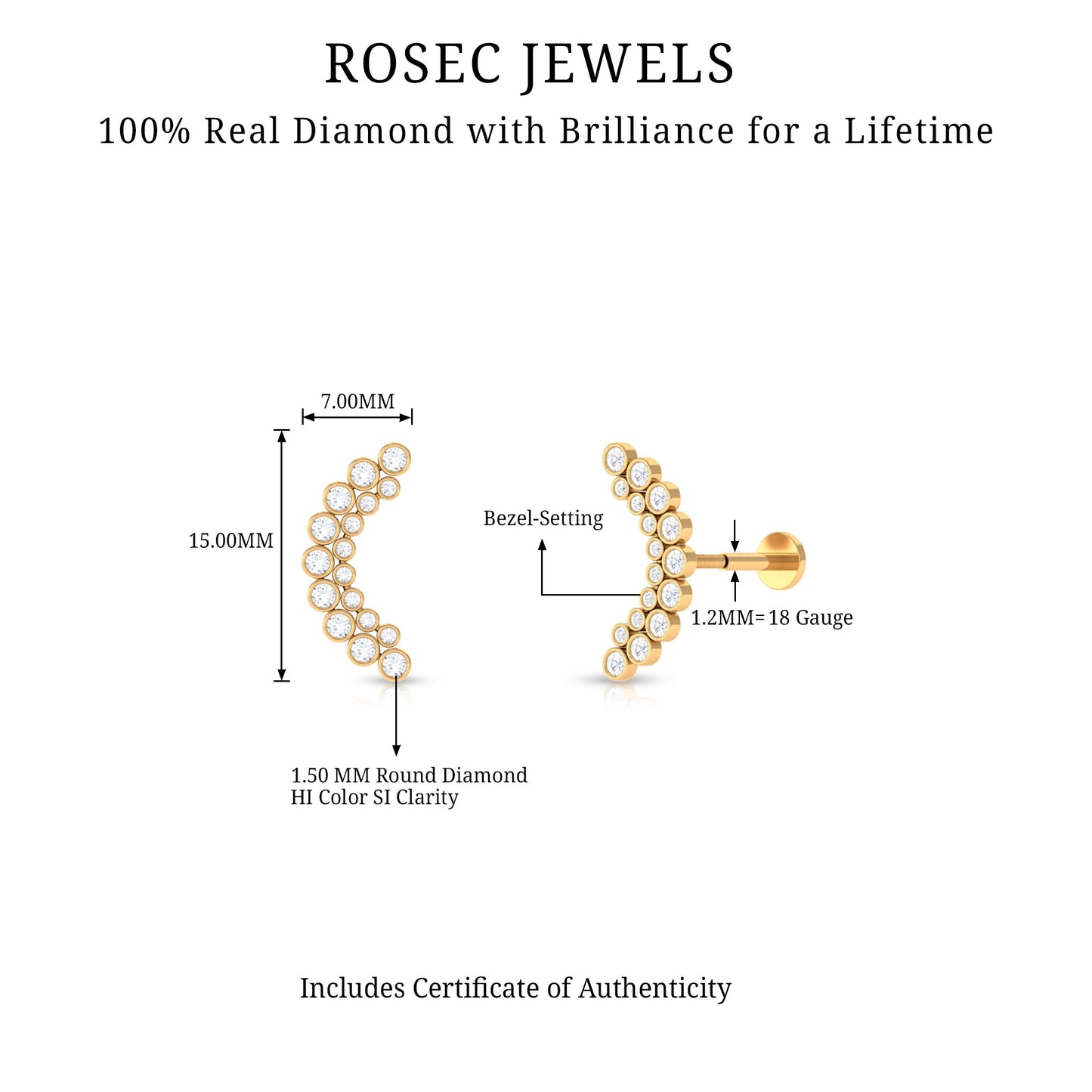 Bezel Set Diamond Ear Crawler Earring with Flat Back