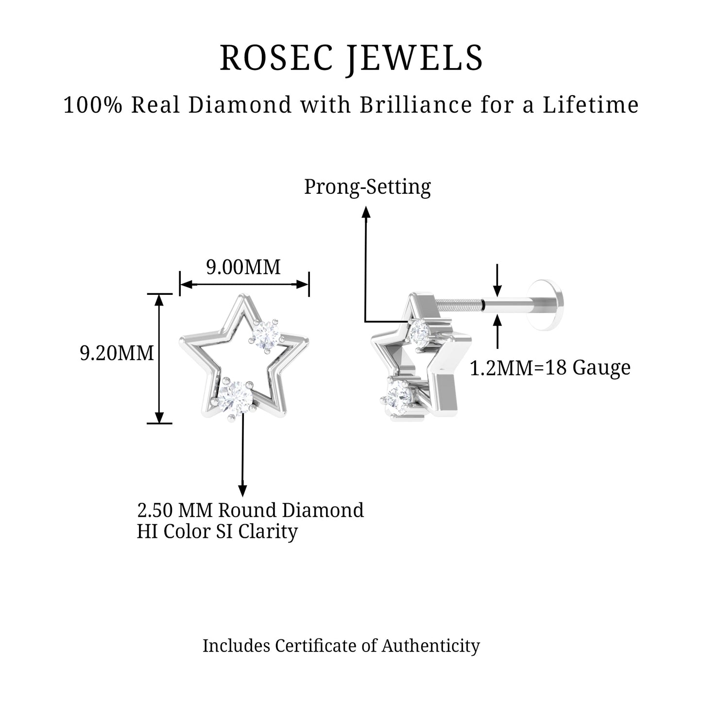 Certified Diamond Star Earring for Upper Lobe Piercing