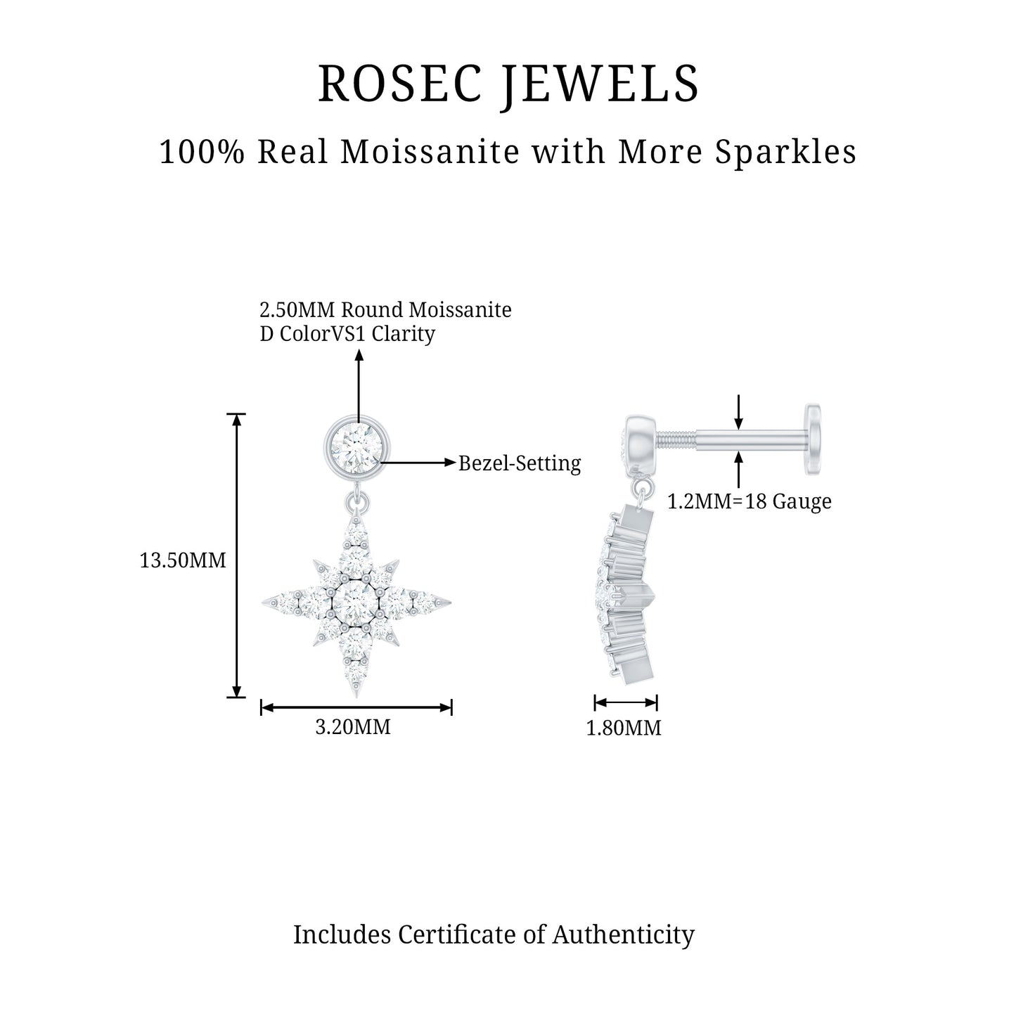 Moissanite Starburst Drop Earring for Cartilage Piercing