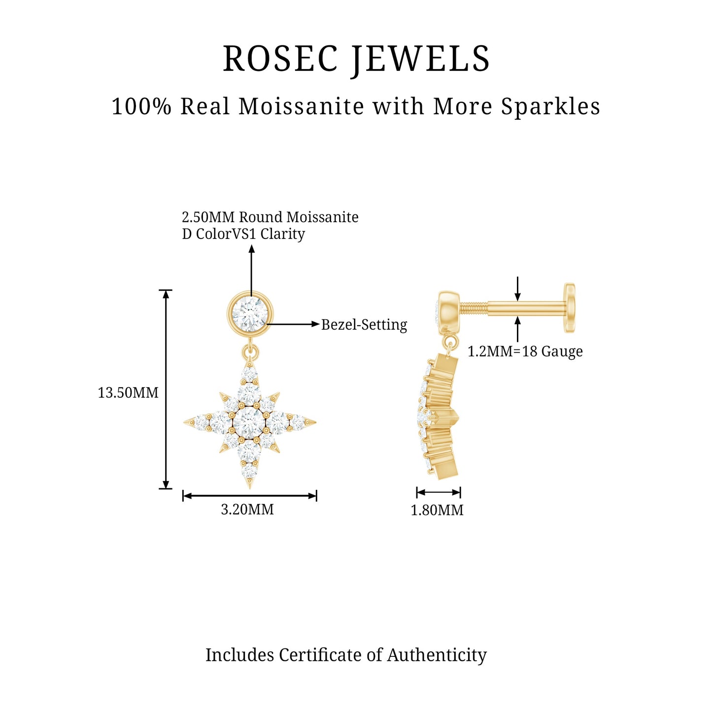Moissanite Starburst Drop Earring for Cartilage Piercing
